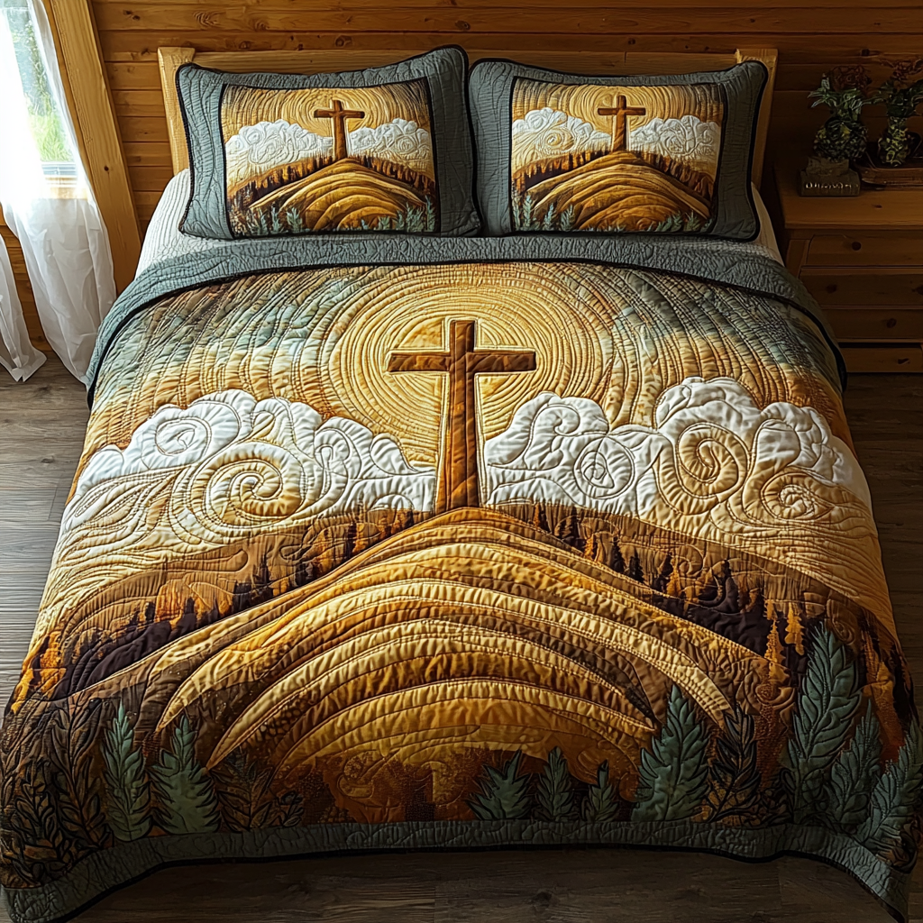 Christian Cross Sunrise Quilted Bedding Set Best Comforter Sets Unusual Christian Gifts