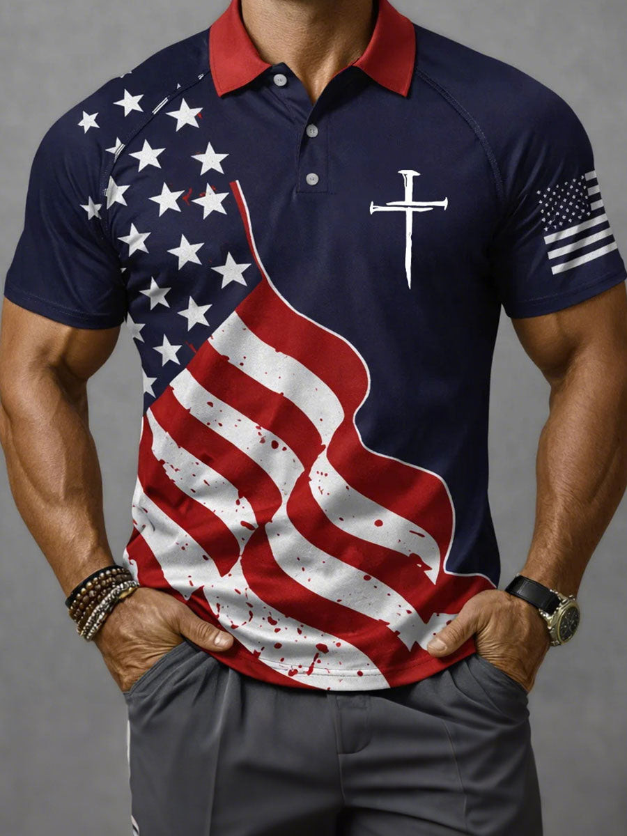 Christian Cross USA Flag Polo Shirt Patriotic Faith Men's Clothes Christian Faith Apparel