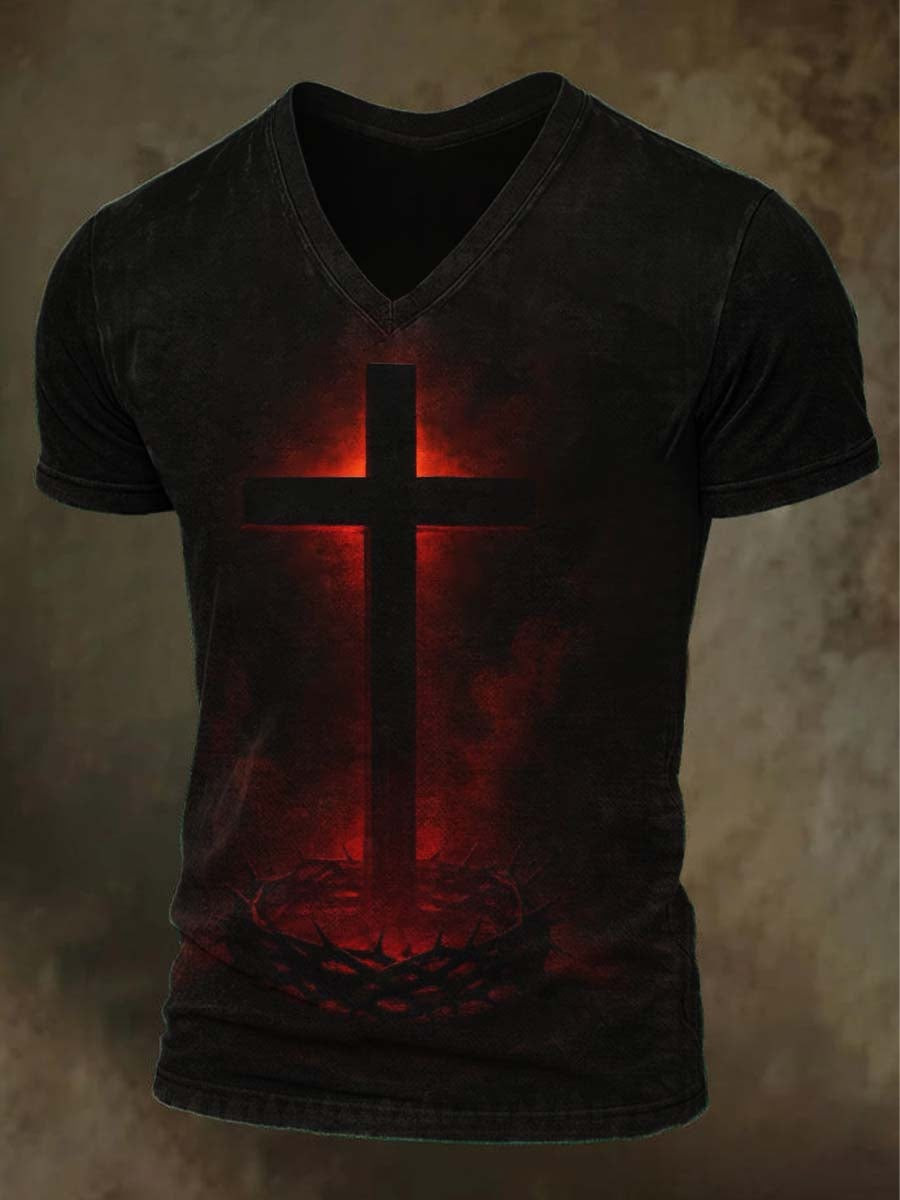Christian Cross V-Neck Shirt Crown Of Thorns Spiritual Faith Tee Religious Gifts For Him