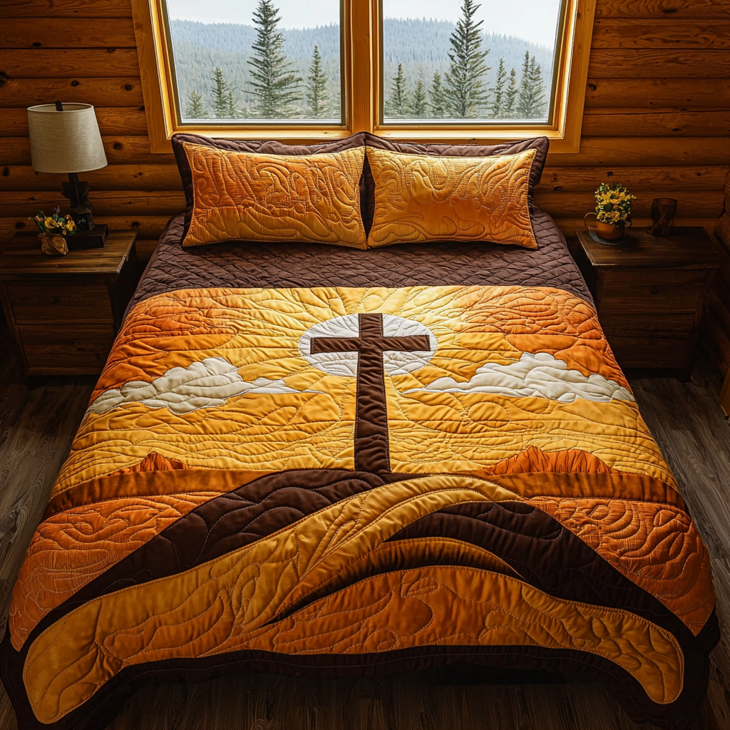 Christian Cross Valley Quilted Bedding Set Cozy Bedroom Decor Religious Gifts For Men