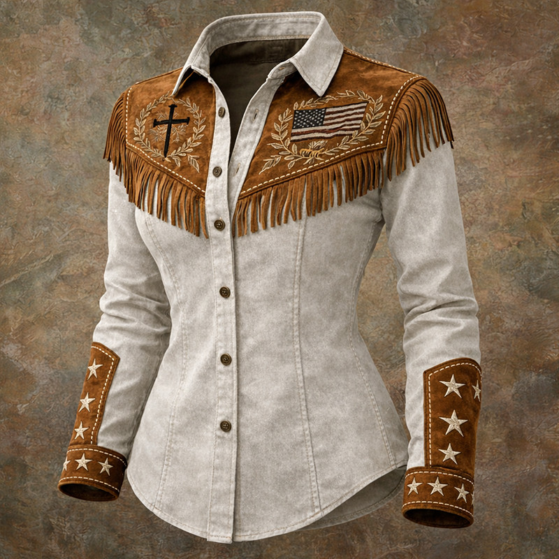 Christian Faith Art Button Up Long Sleeve Shirt American Flag Apparel Great Gift For Girlfriend