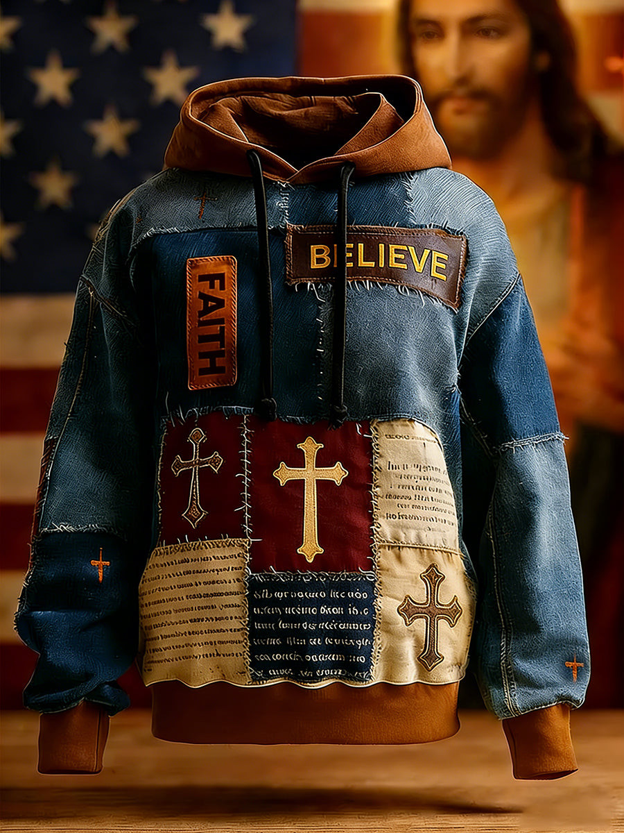 Christian Patchwork Hoodie Jesus Believe Faith Pullover Cross Denim Clothes