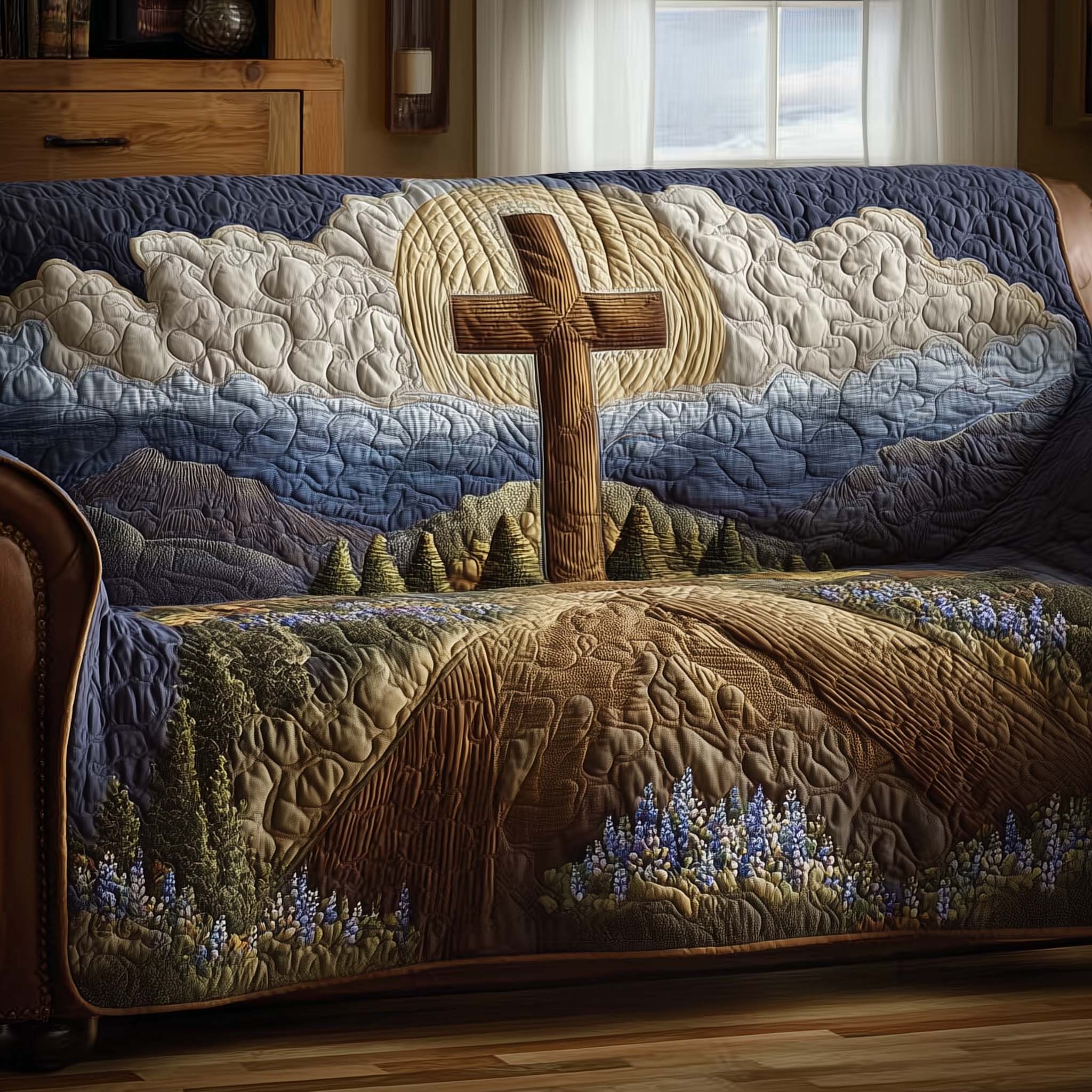 Christian Quilted Sofa Cover Inspirational Cross and Dove Motif The Gift Of Faith