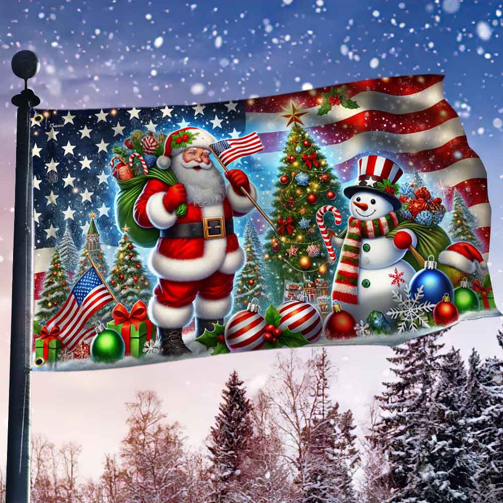 Christmas American With Santa Claus And Snowman Christmas Tree Grommet Flag