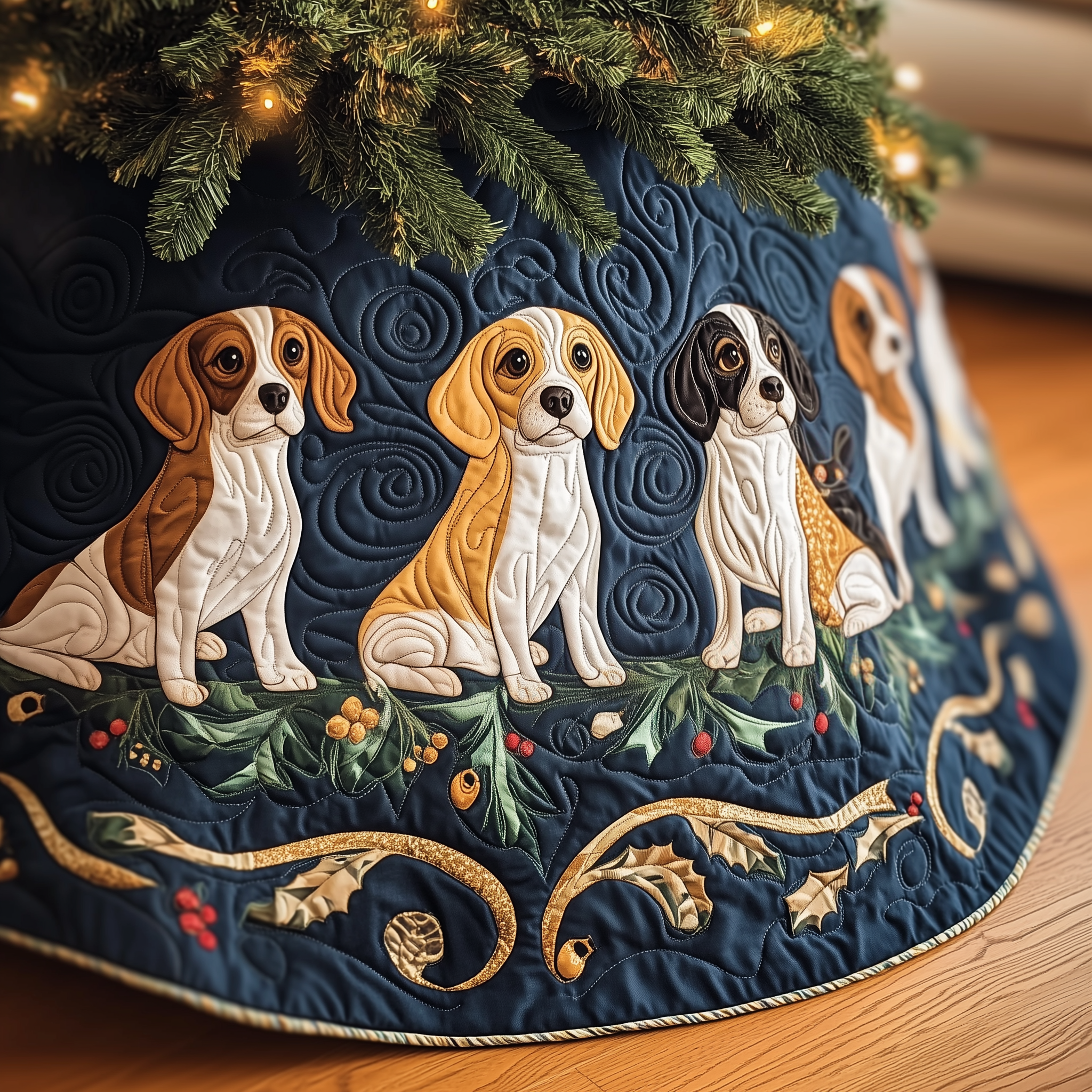 Christmas Beagle Quilted Tree Skirt Festive Living Room Merch