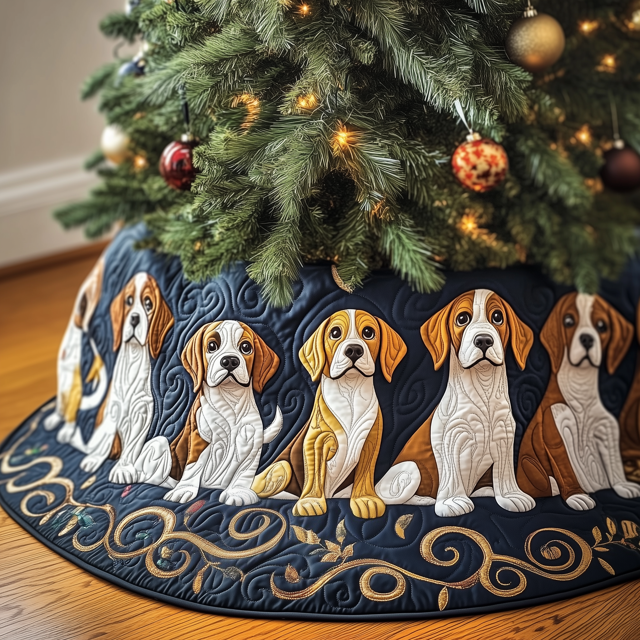 Christmas Beagle Quilted Tree Skirt Warm Gift Merch For Family
