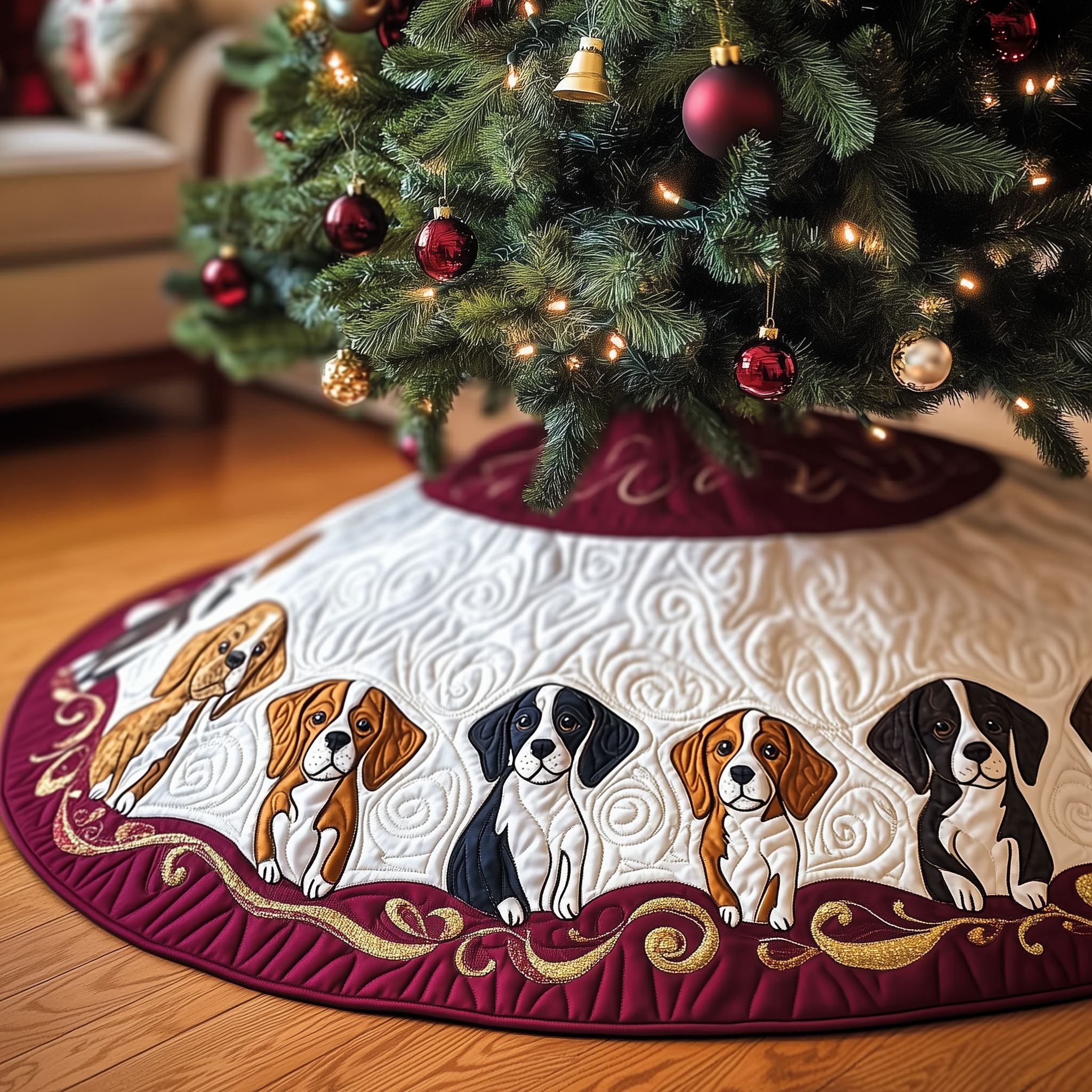 Christmas Beagle Quilted Tree Skirt Xmas Tree Surround Decorations Beagle Products Beagle Owner Gifts