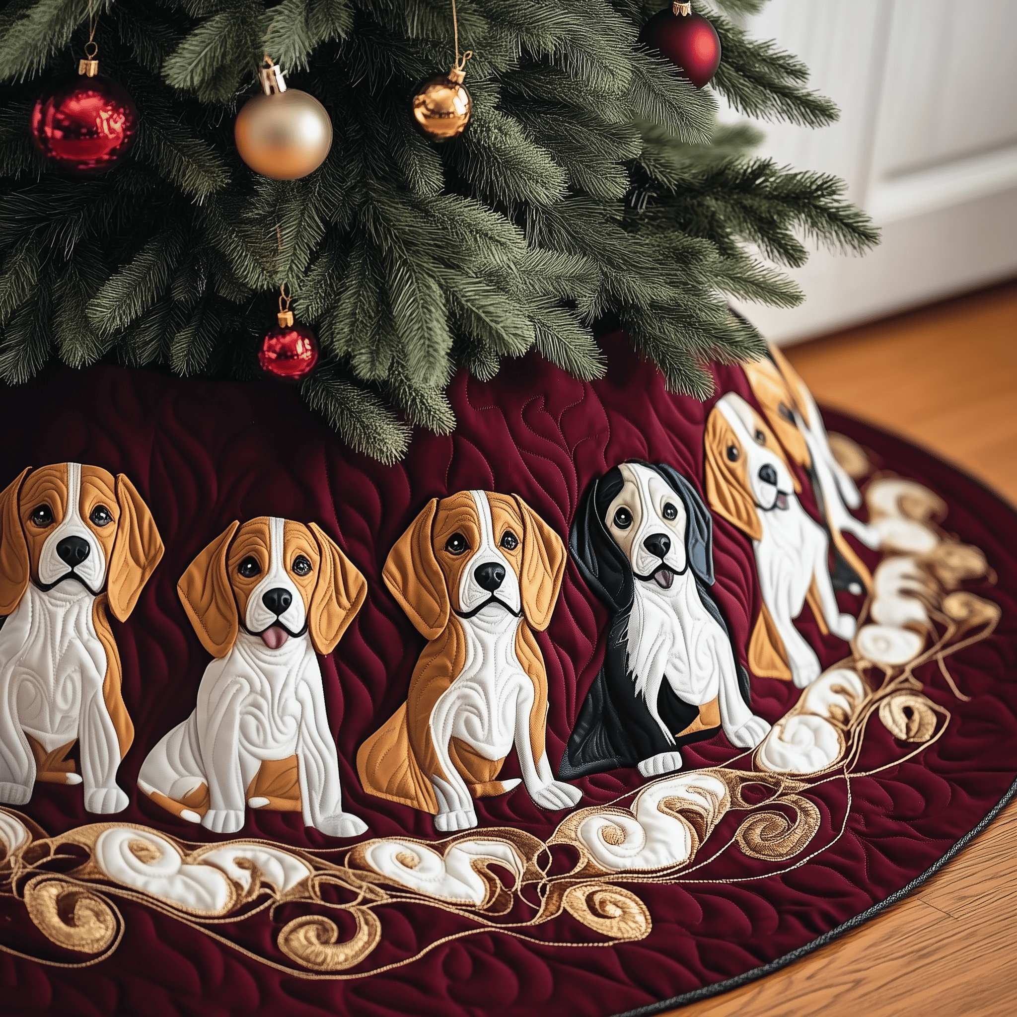 Christmas Beagle Quilted Tree Skirt Xmas Tree Surround Decorations Beagle Products Beagle Owner Gifts