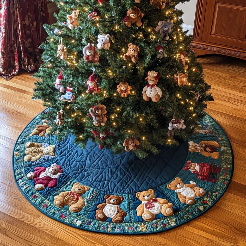 Christmas Bear Charm Christmas Quilted Tree Skirt Cozy Holiday Home Decor