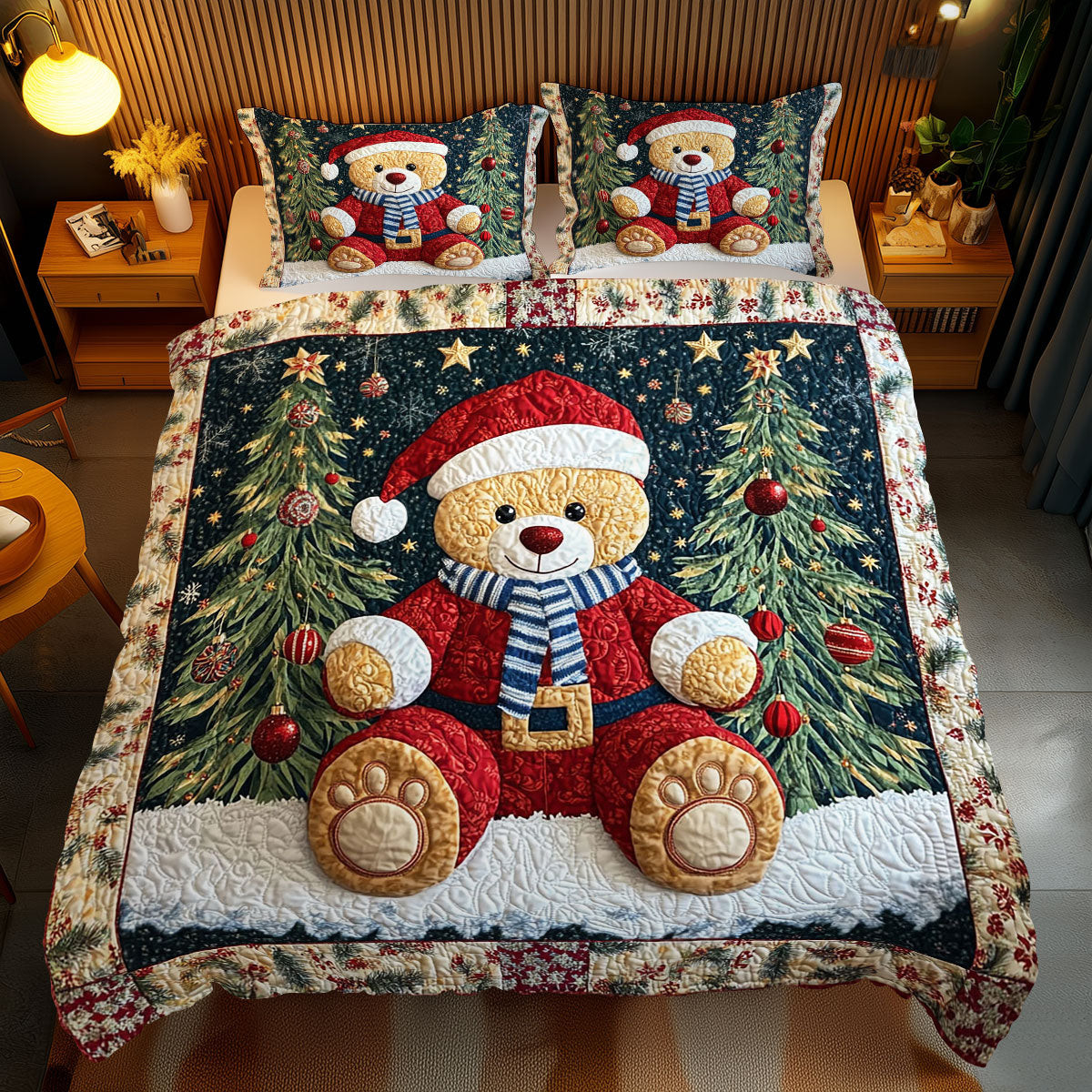 Christmas Bear Holiday Xmas Quilted Bedding Set Romantic Christmas Gifts For Newlyweds