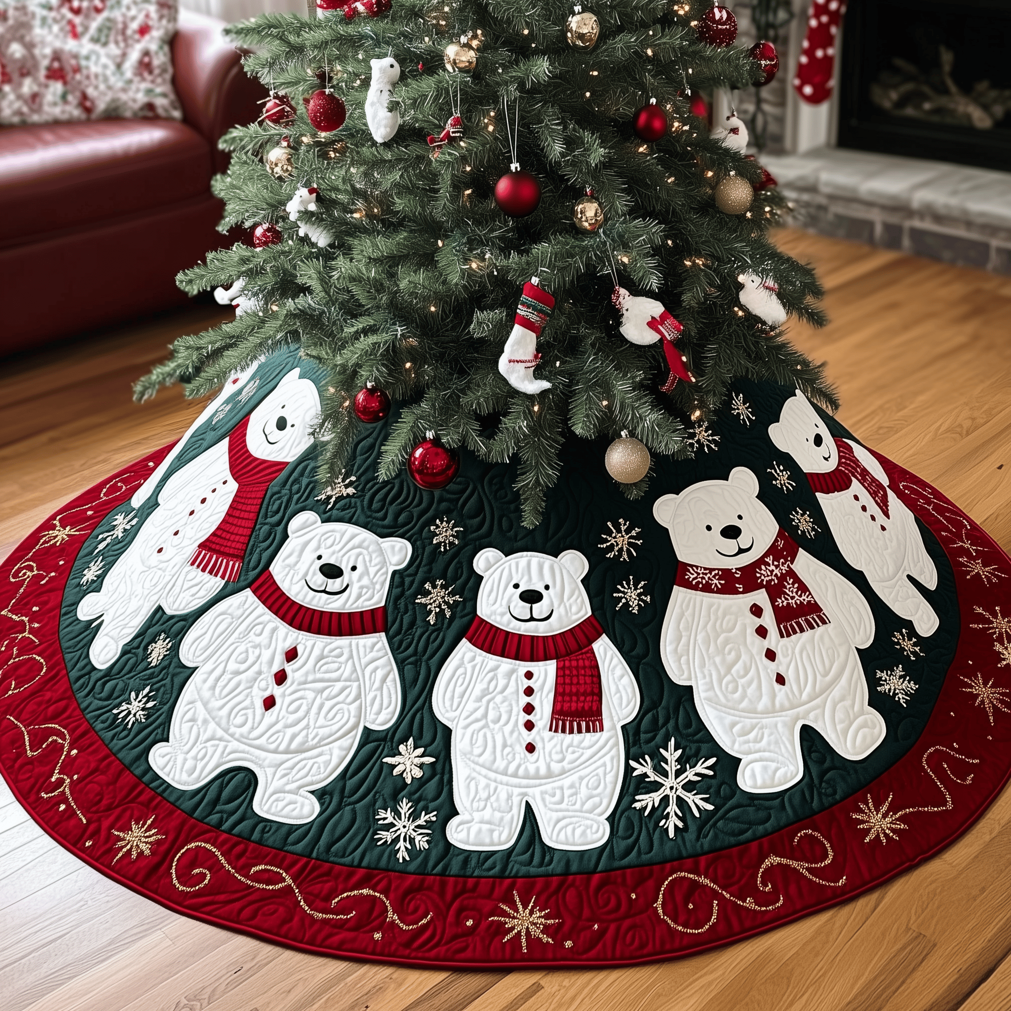 Christmas Bear Quilted Tree Skirt Best Xmas Tree Base Cover Decorations Bear Themed Gifts