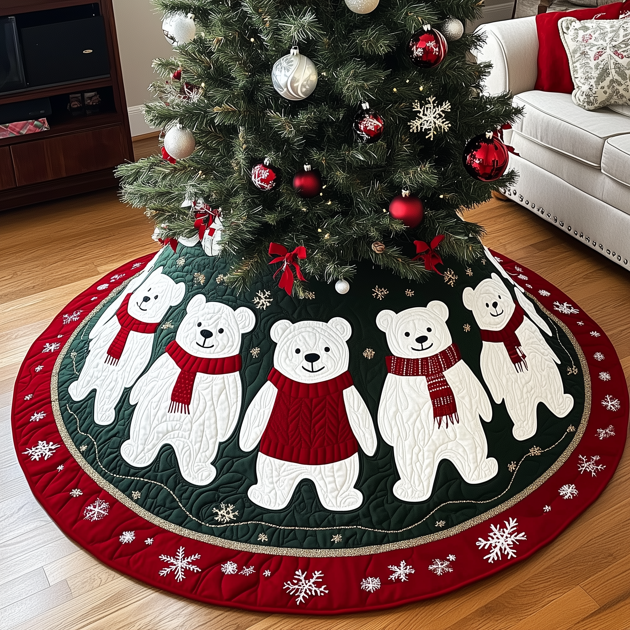 Christmas Bear Quilted Tree Skirt Best Xmas Tree Base Cover Decorations Bear Themed Gifts
