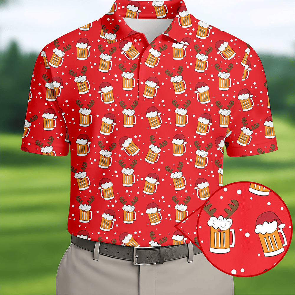Christmas Beer Red Golf Shirt Christmas Golf Shirt Fun Golf Shirts For Men Polo Shirts For Men Golfing Apparels