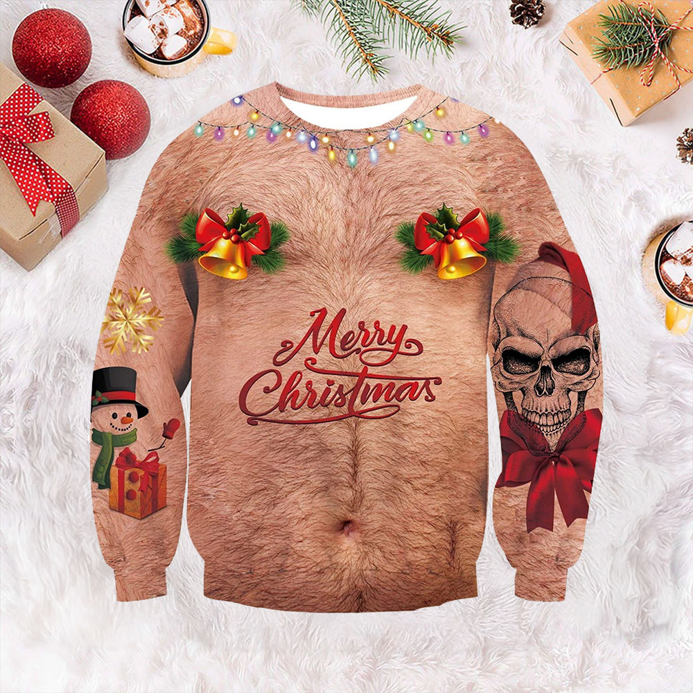 Christmas Bell Hairy Chest Ugly Christmas Sweater Unique Xmas Clothing Dad Gifts