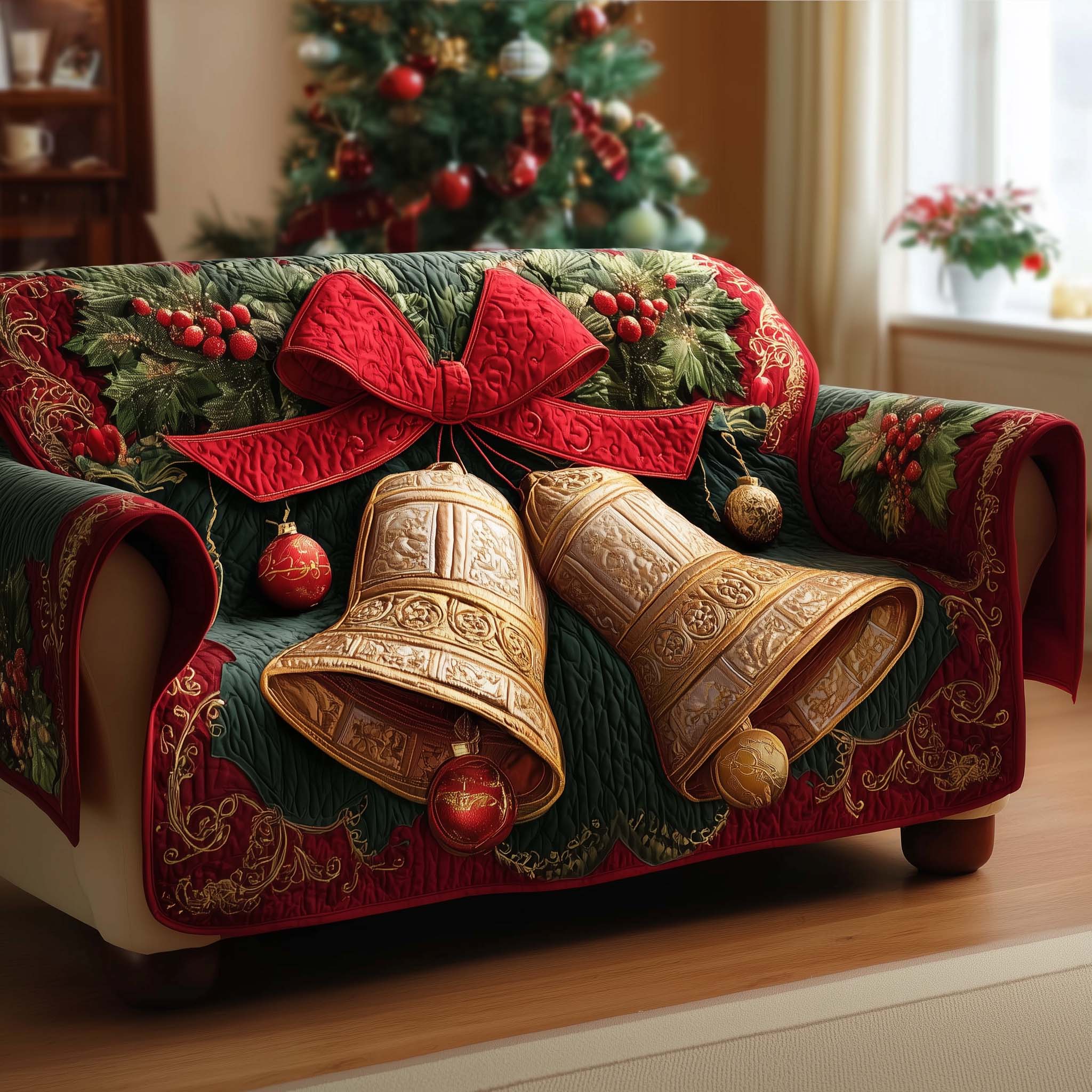 Christmas Bell Quilted Sofa Cover Classic Yuletide Bell Design Best Gifts For Christmas