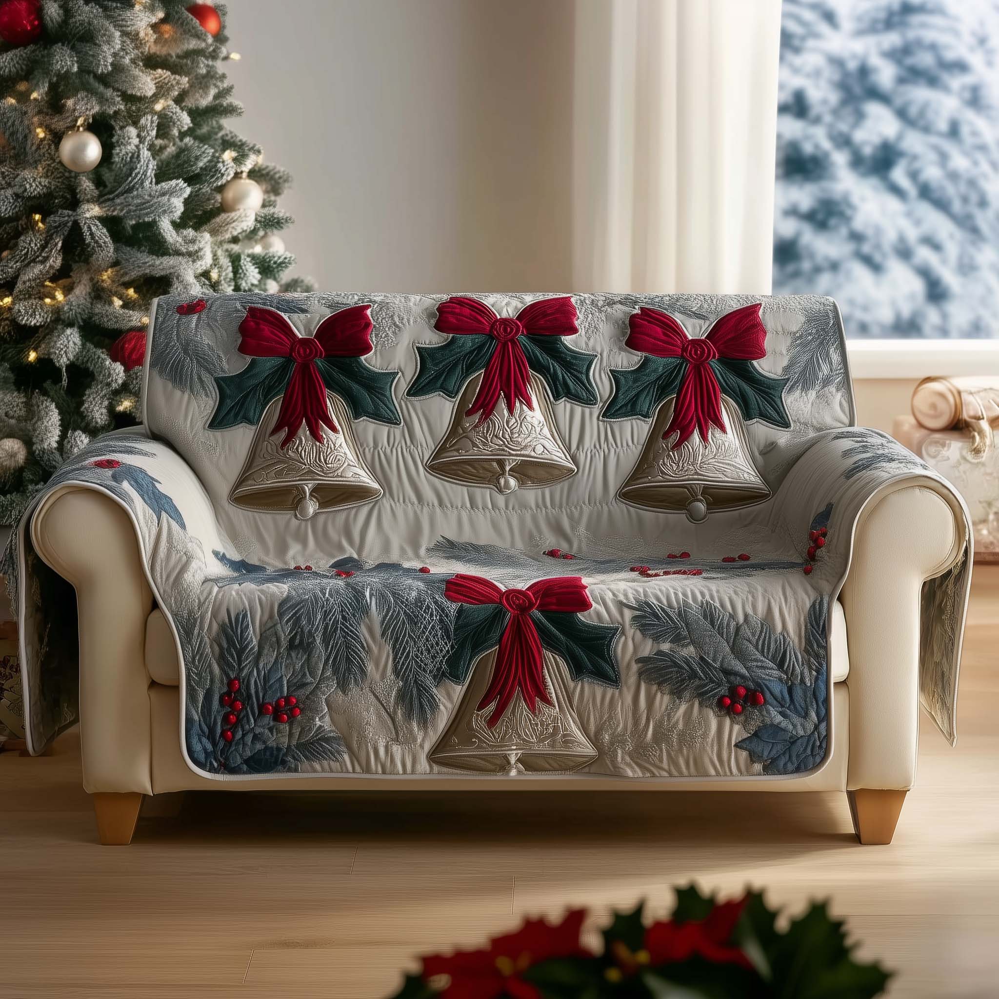 Christmas Bell Quilted Sofa Cover Festive Ringing Bell Motif Protector Best Gifts For Christmas