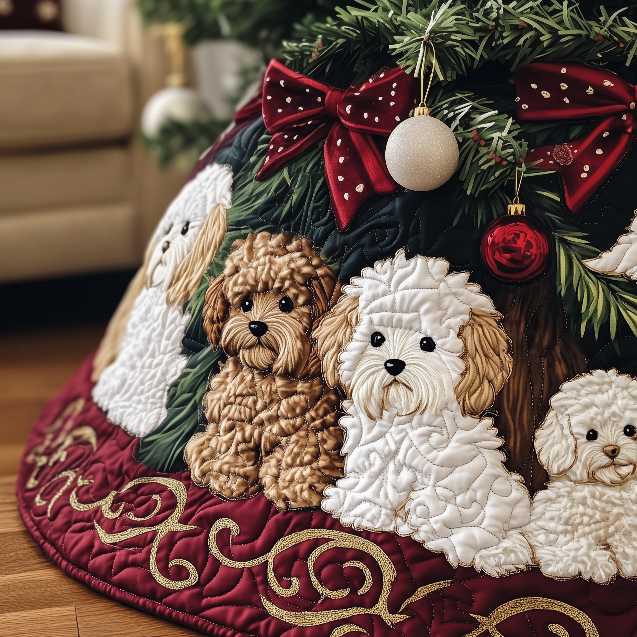 Christmas Bichon Frise Quilted Tree Skirt Anniversary Merch Gift