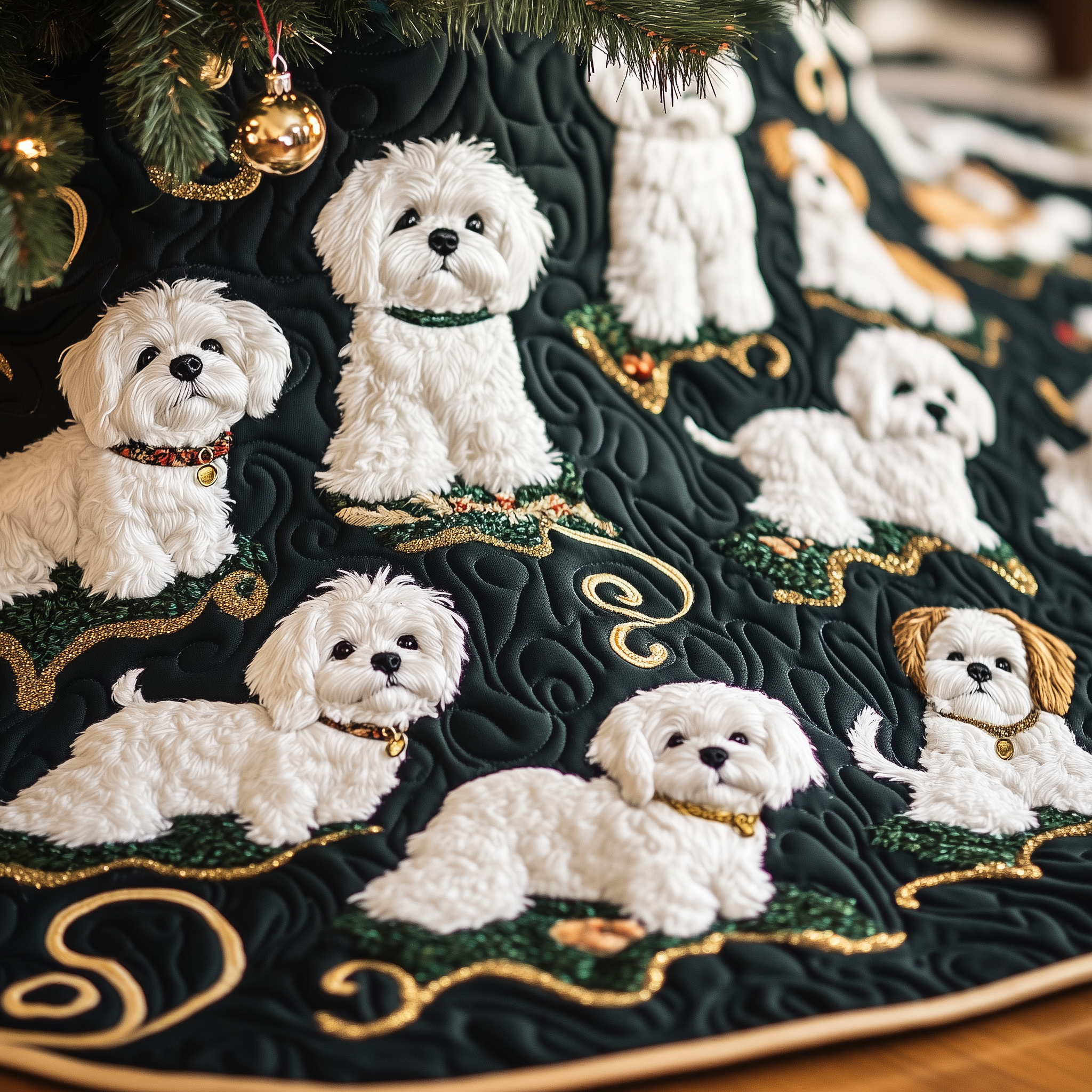 Christmas Bichon Frise Quilted Tree Skirt Birthday Merch Gift