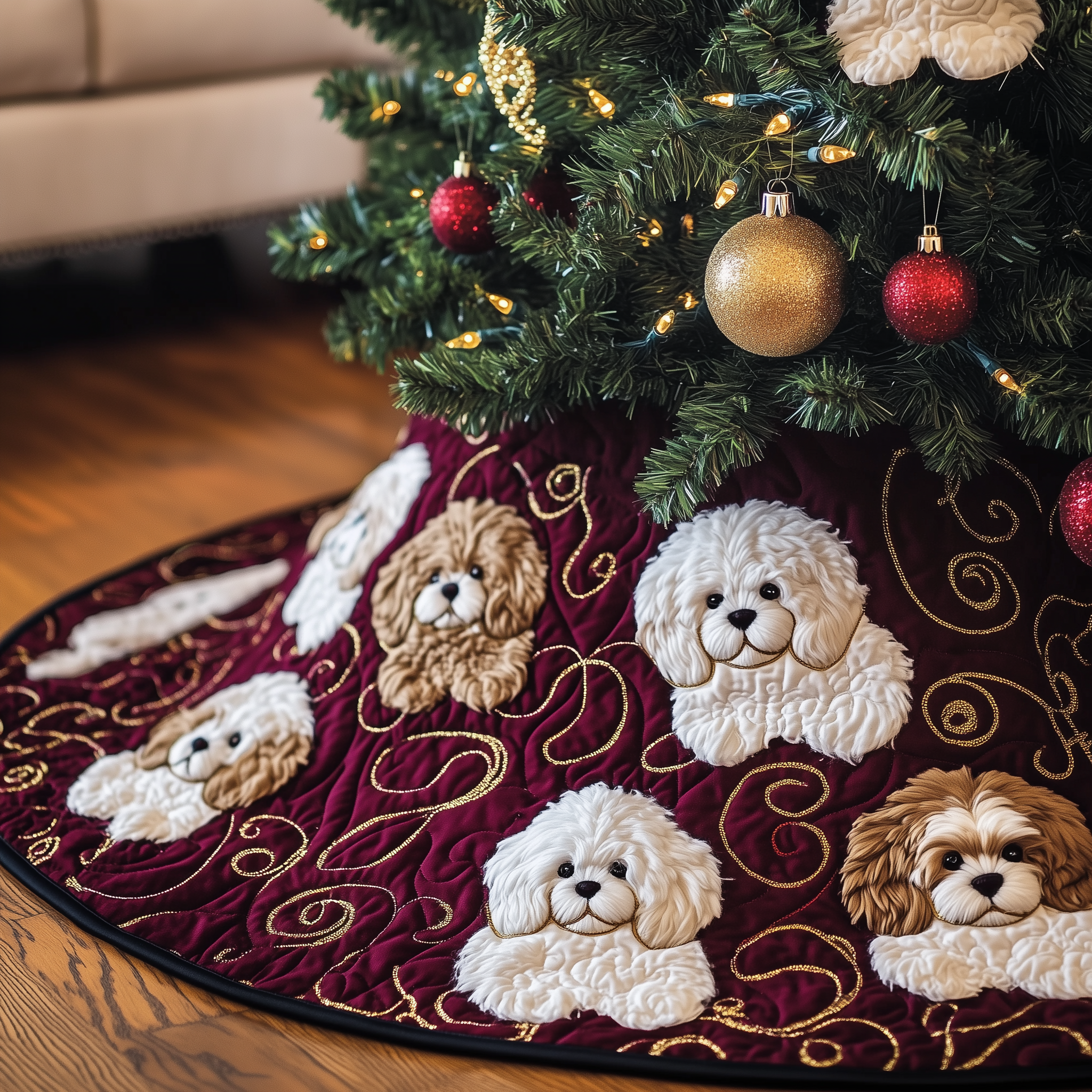 Christmas Bichon Frise Quilted Tree Skirt Heartwarming Family Gathering Merch