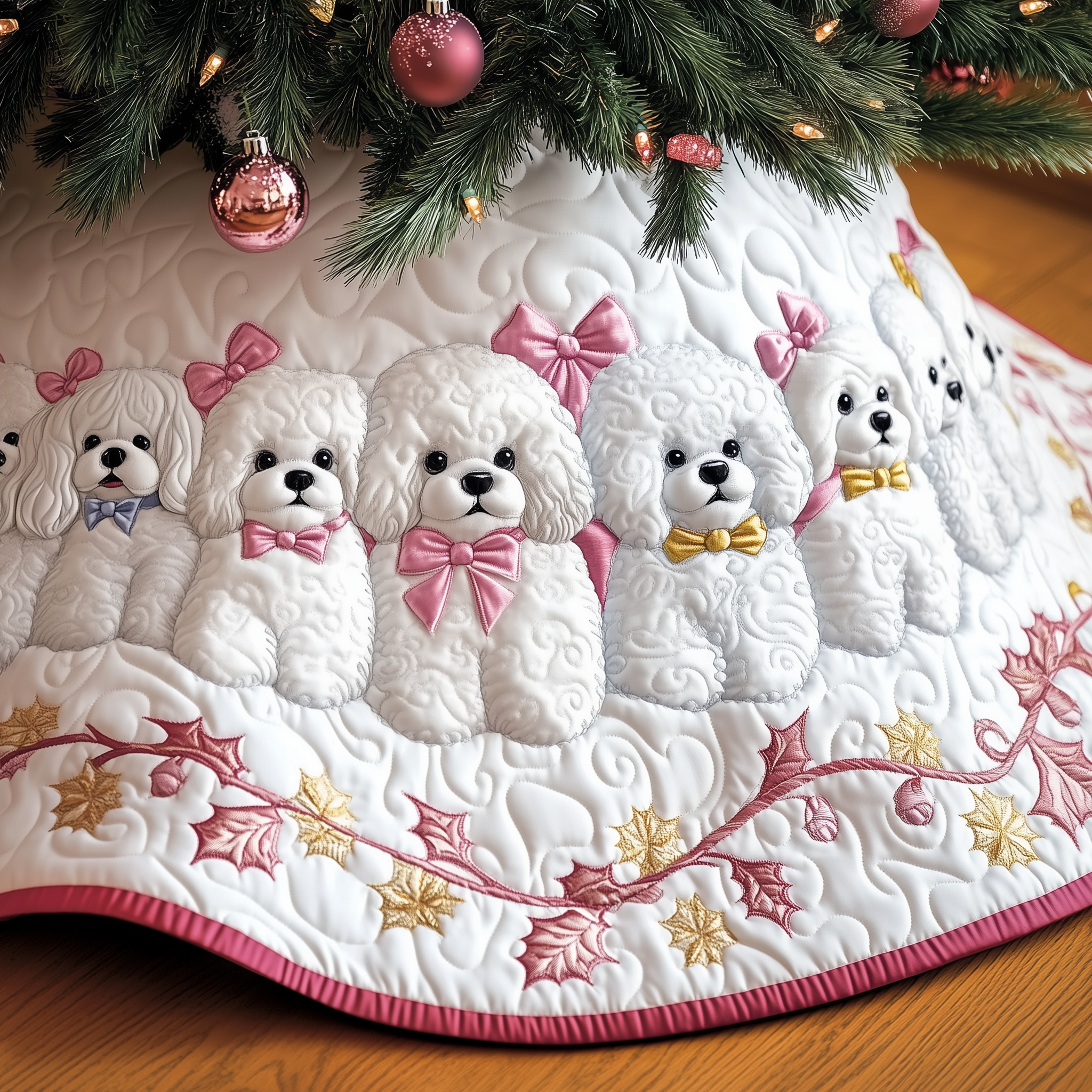 Christmas Bichon Frise Quilted Tree Skirt Holiday Merch Gift
