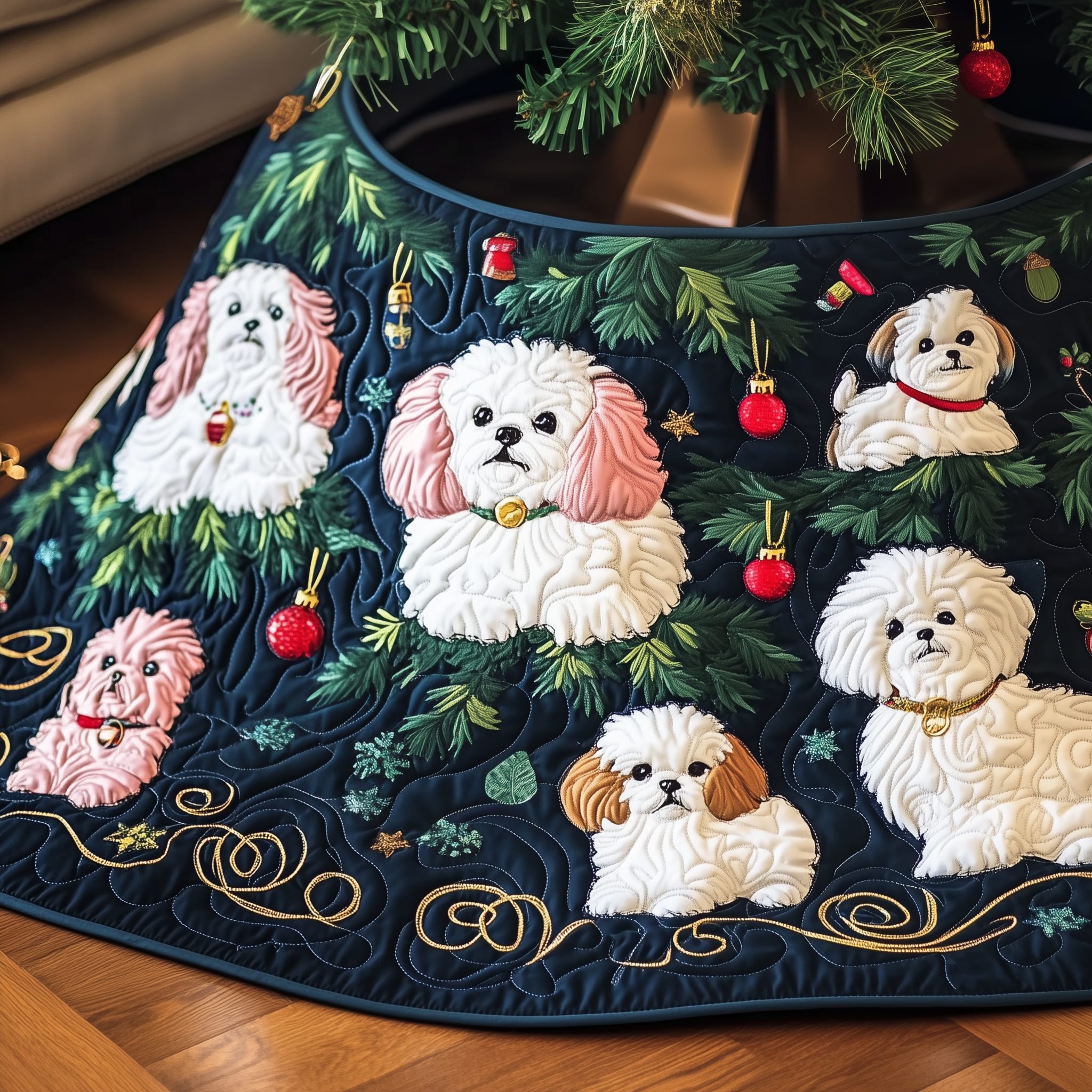 Christmas Bichon Frise Quilted Tree Skirt Joyful Home Merch Collection