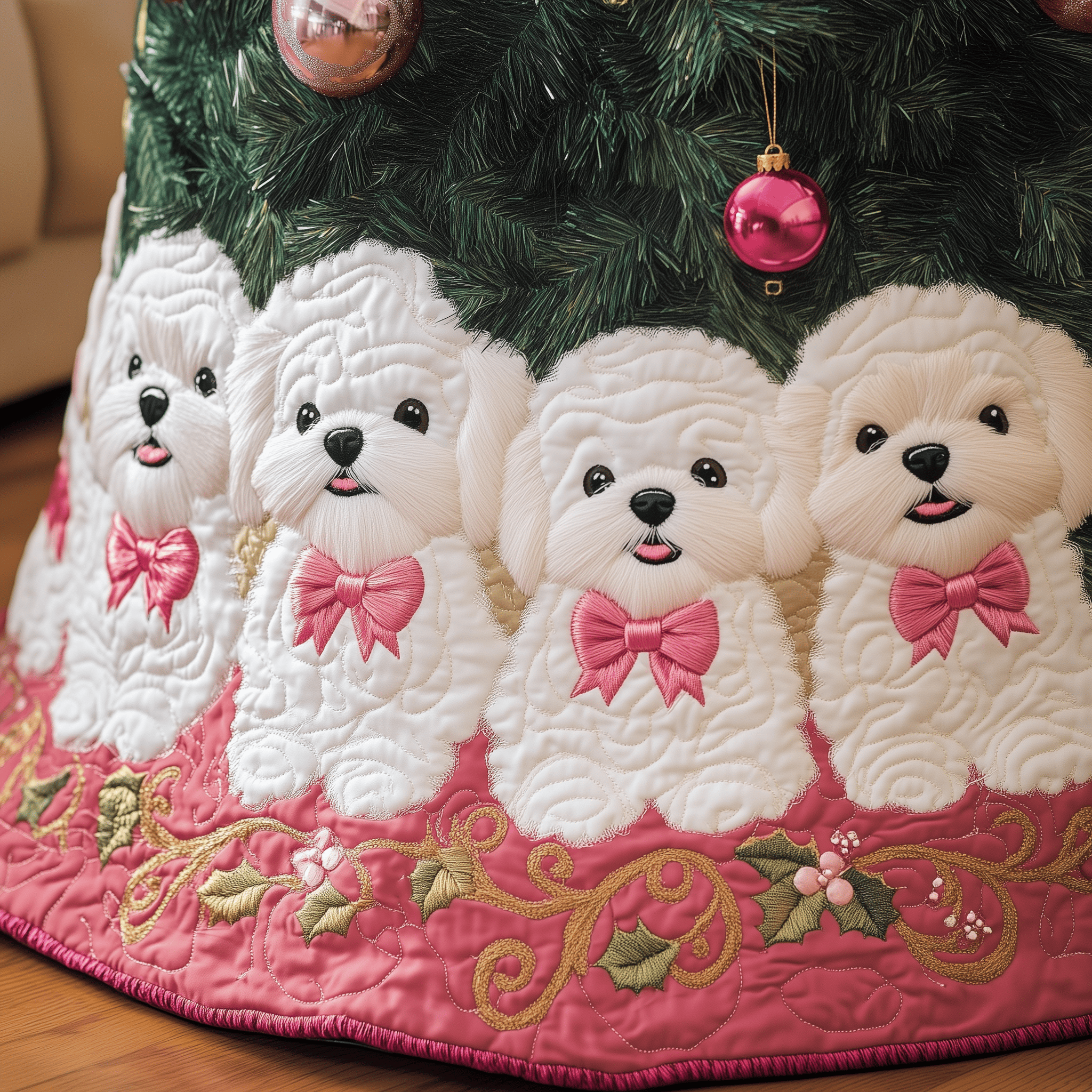 Christmas Bichon Quilted Tree Skirt Velvet Tree Skirt Best Gift For Sister In Law For Christmas