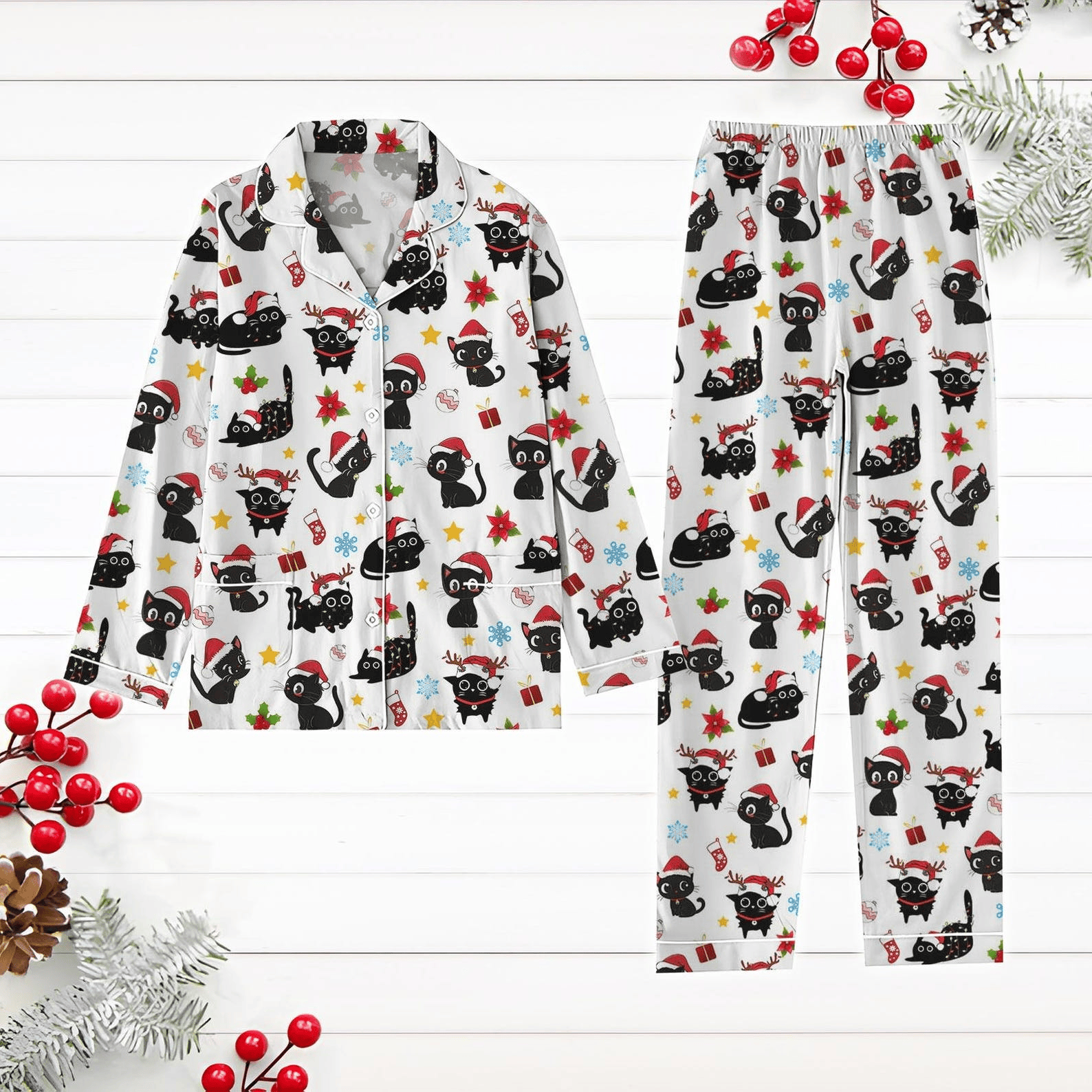 Christmas Black Cat Pajamas Set Kitten Holiday Pajamas Santa Hat Cat Xmas Lights Pjs