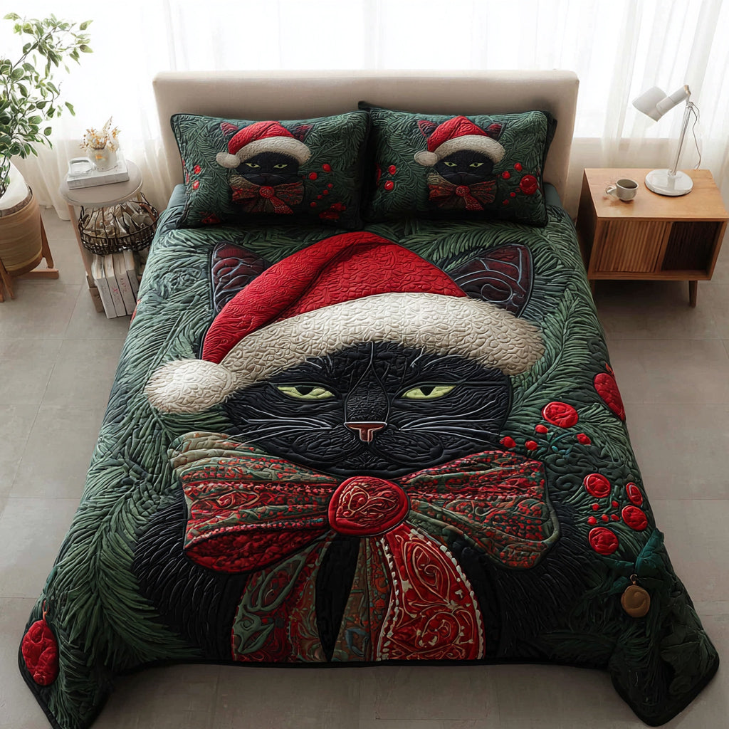 Christmas Black Cat Quilted Bedding Set Best Christmas Duvet Cover Set Gifts For Black Cat Owners