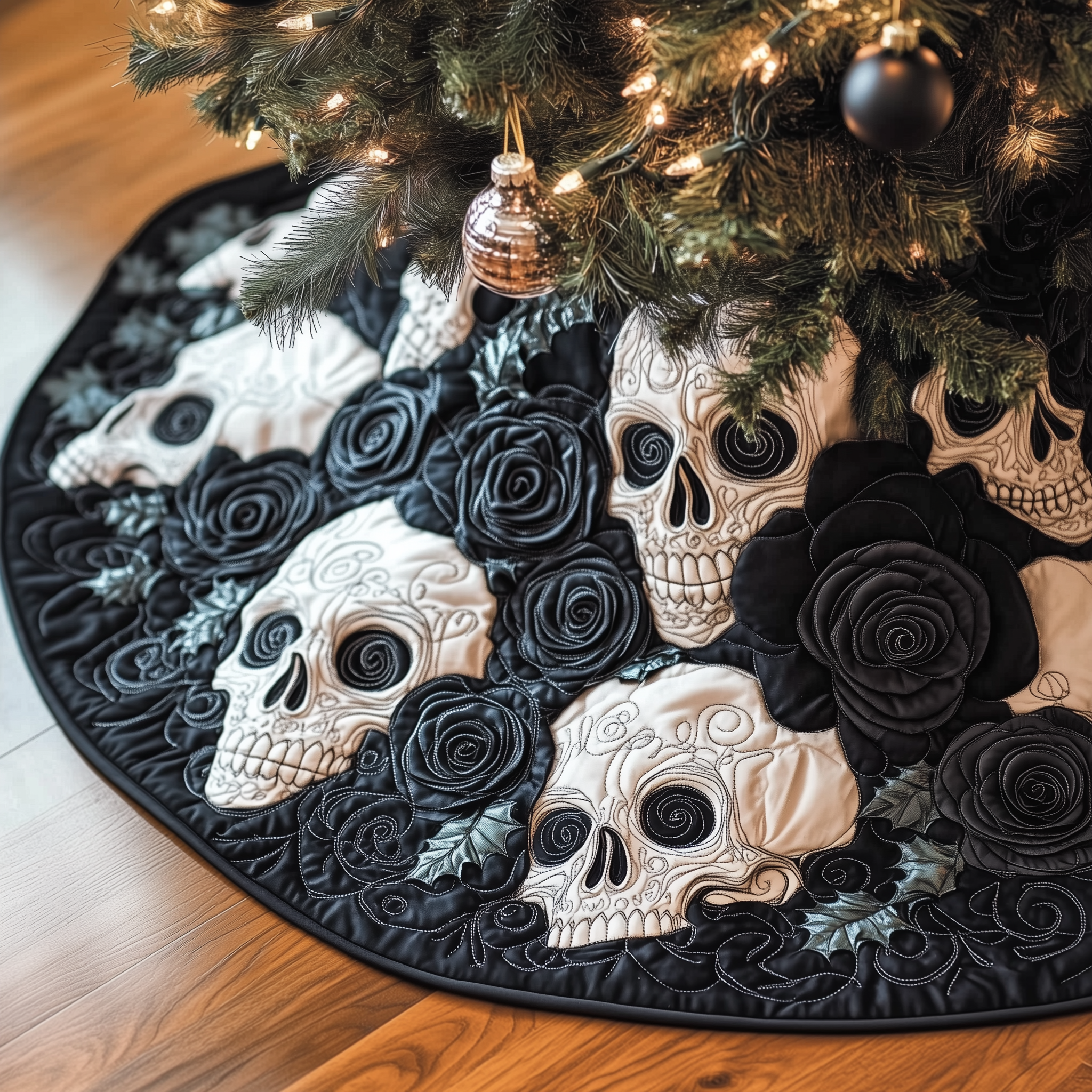 Christmas Black Rose Skull Quilted Tree Skirt Holiday Season Merch
