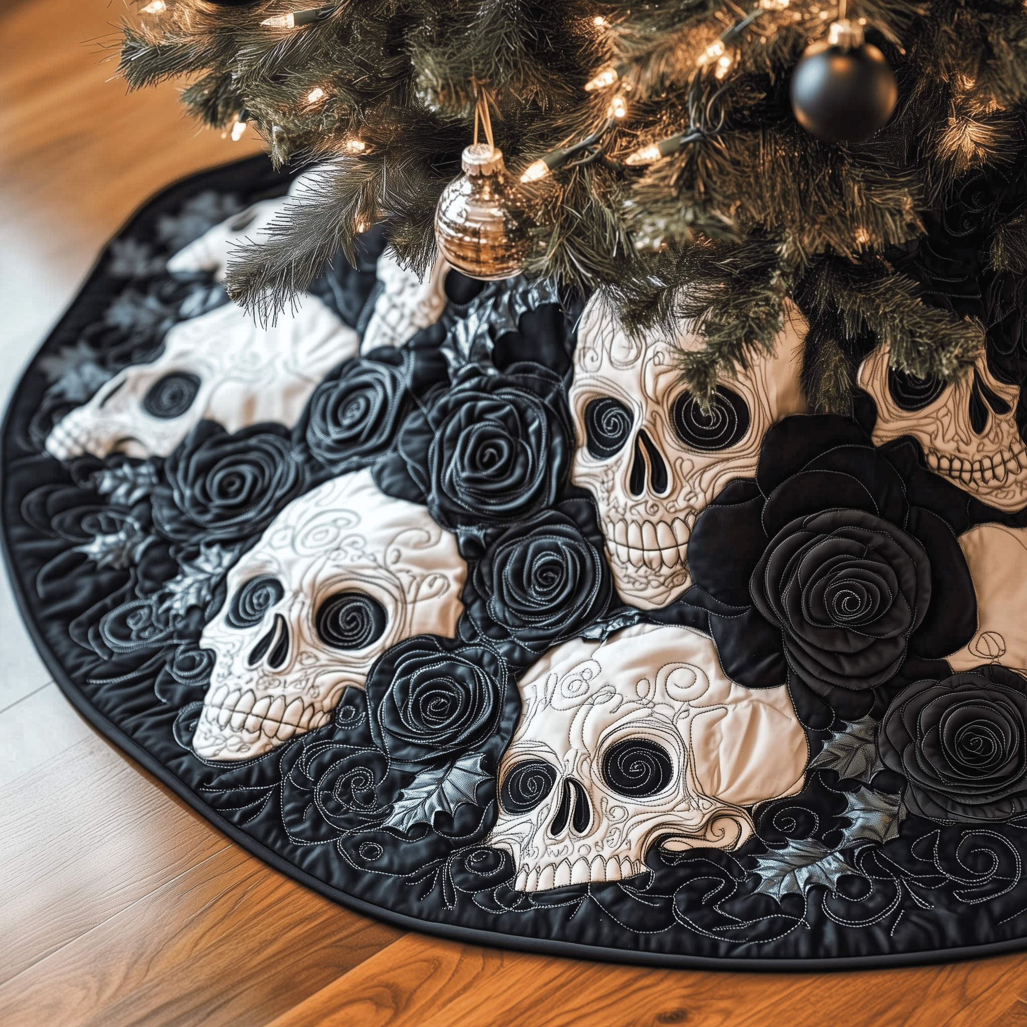 Christmas Black Rose Skull Quilted Tree Skirt Holiday Tree Skirt Xmas Tree Surround Base Cover Decorations