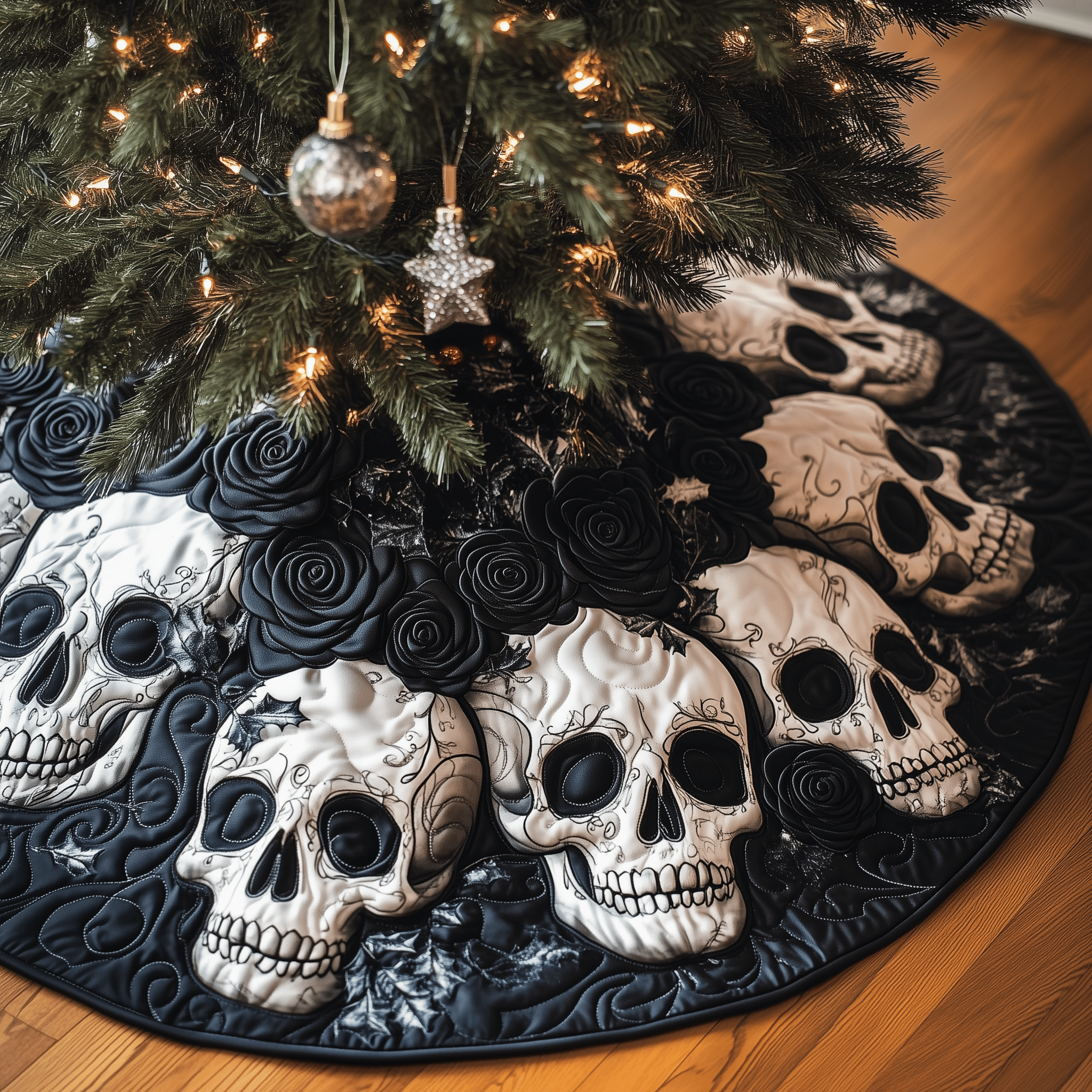 Christmas Black Rose Skull Quilted Tree Skirt Holiday Tree Skirt Xmas Tree Surround Base Cover Decorations