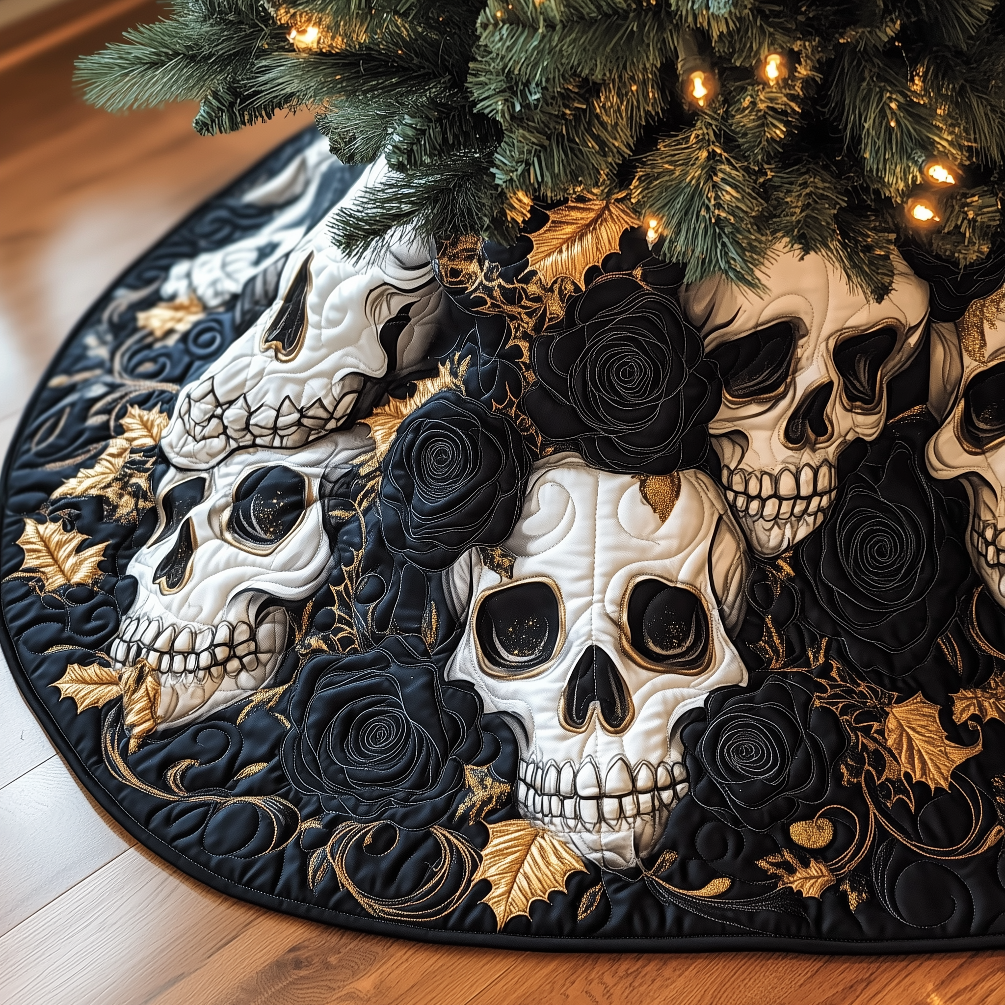 Christmas Black Rose Skull Quilted Tree Skirt Spring Merch Pick