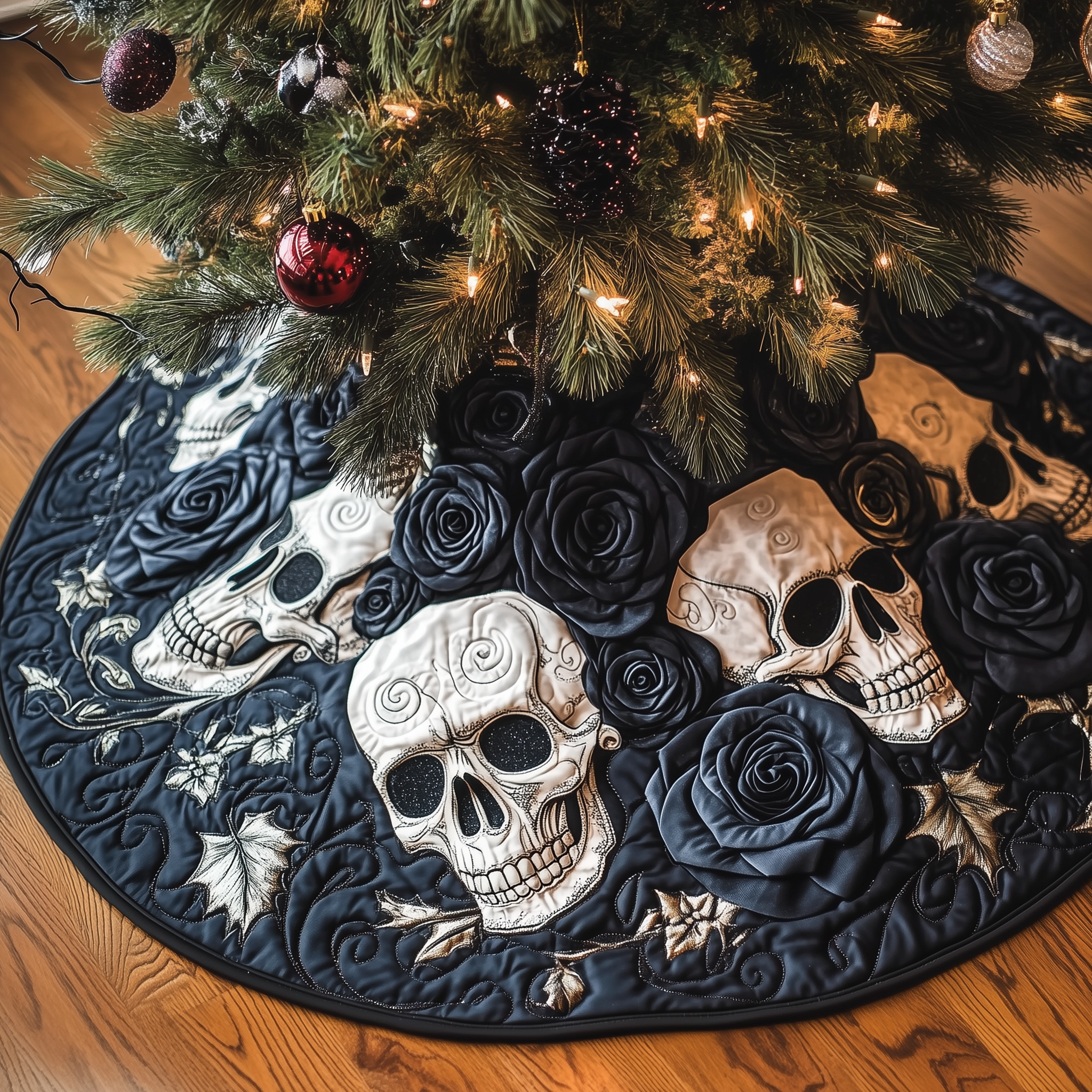 Christmas Black Rose Skull Quilted Tree Skirt Summer Merch Vibes