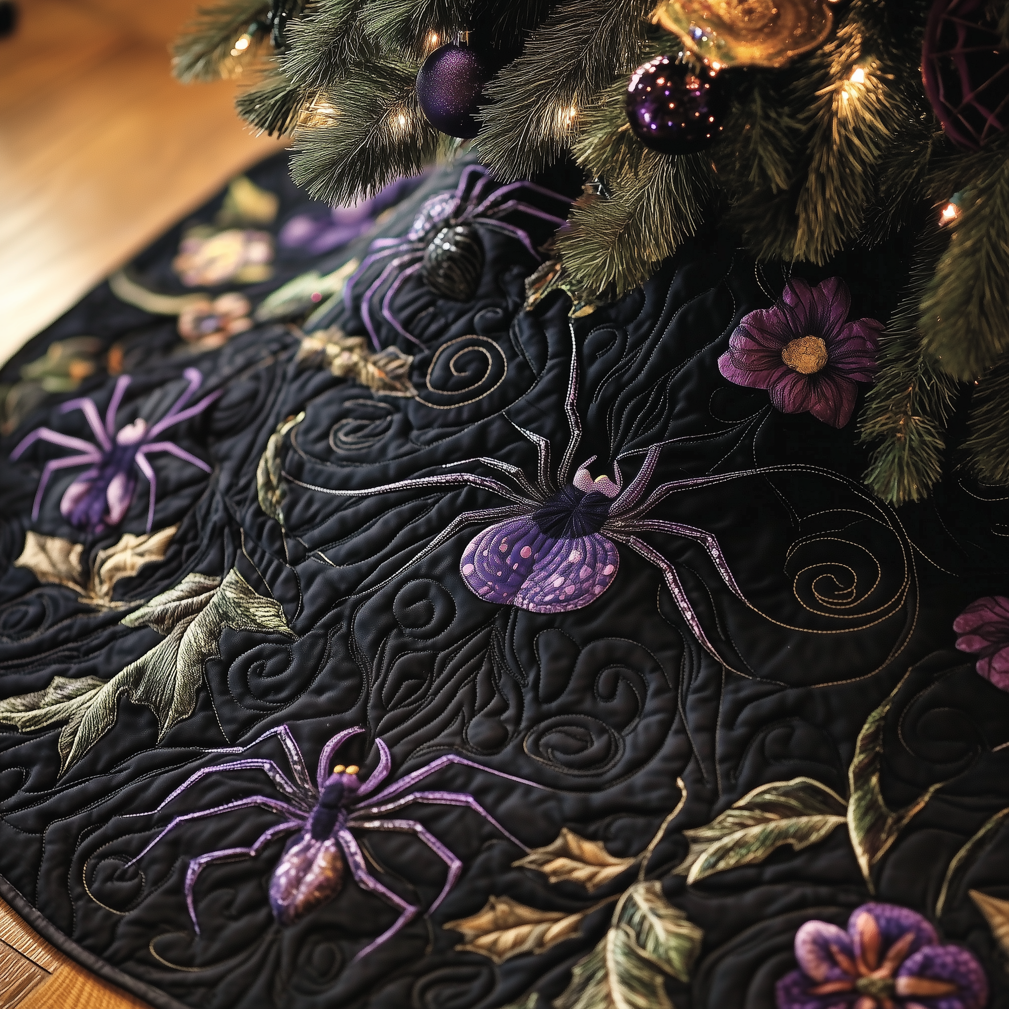 Christmas Black Spiders Quilted Tree Skirt Everyday Merch Choice