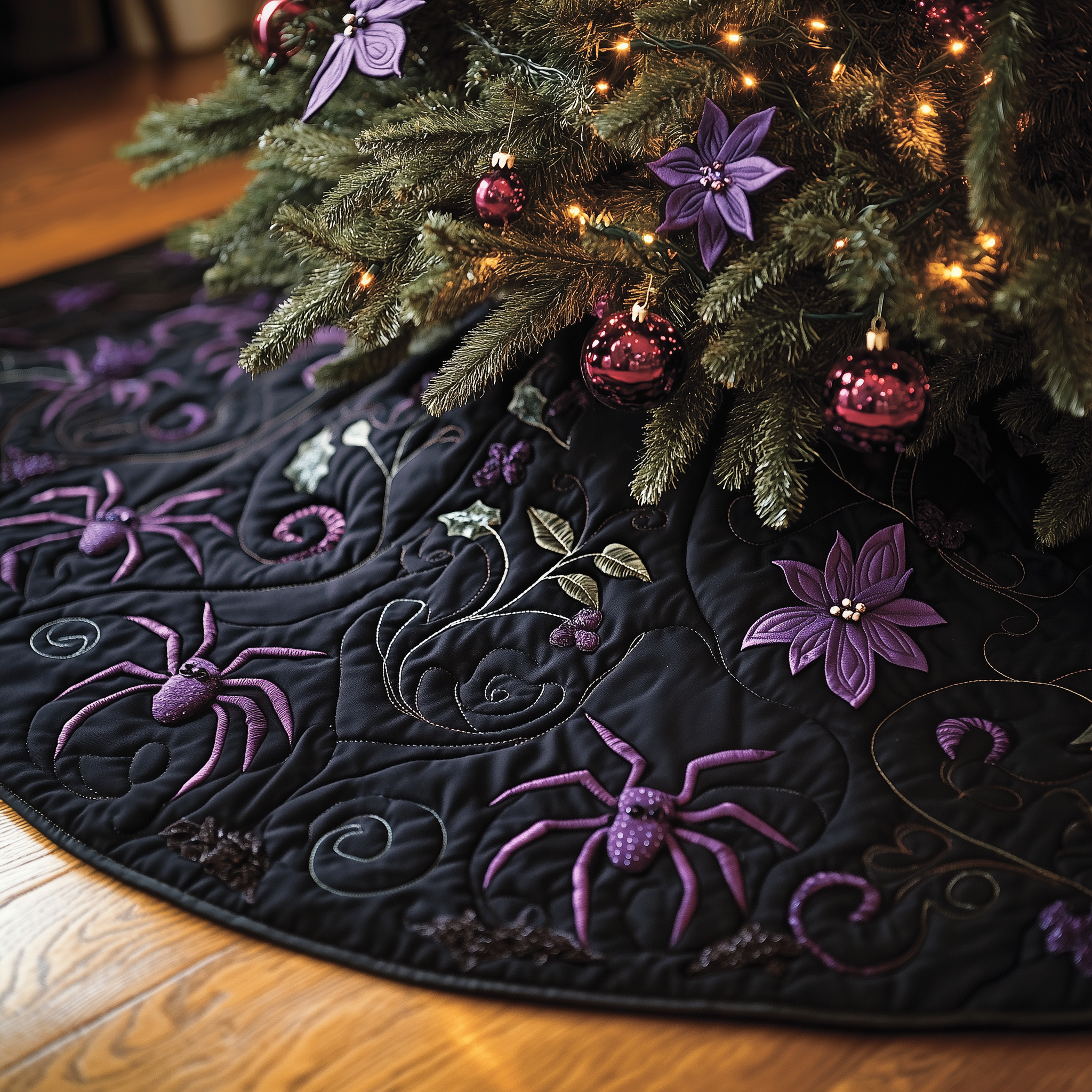 Christmas Black Spiders Quilted Tree Skirt Merch For Family Time