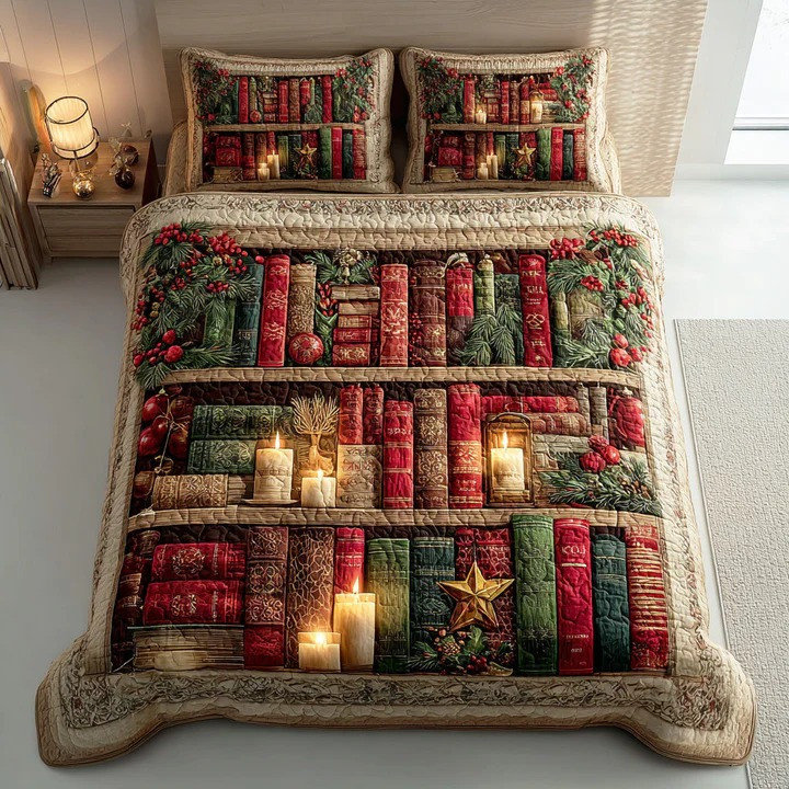 Christmas Bookshelf 3-Piece Quilted Bedding Set Holiday Book Lover Bedspread Best Xmas Gift Ideas
