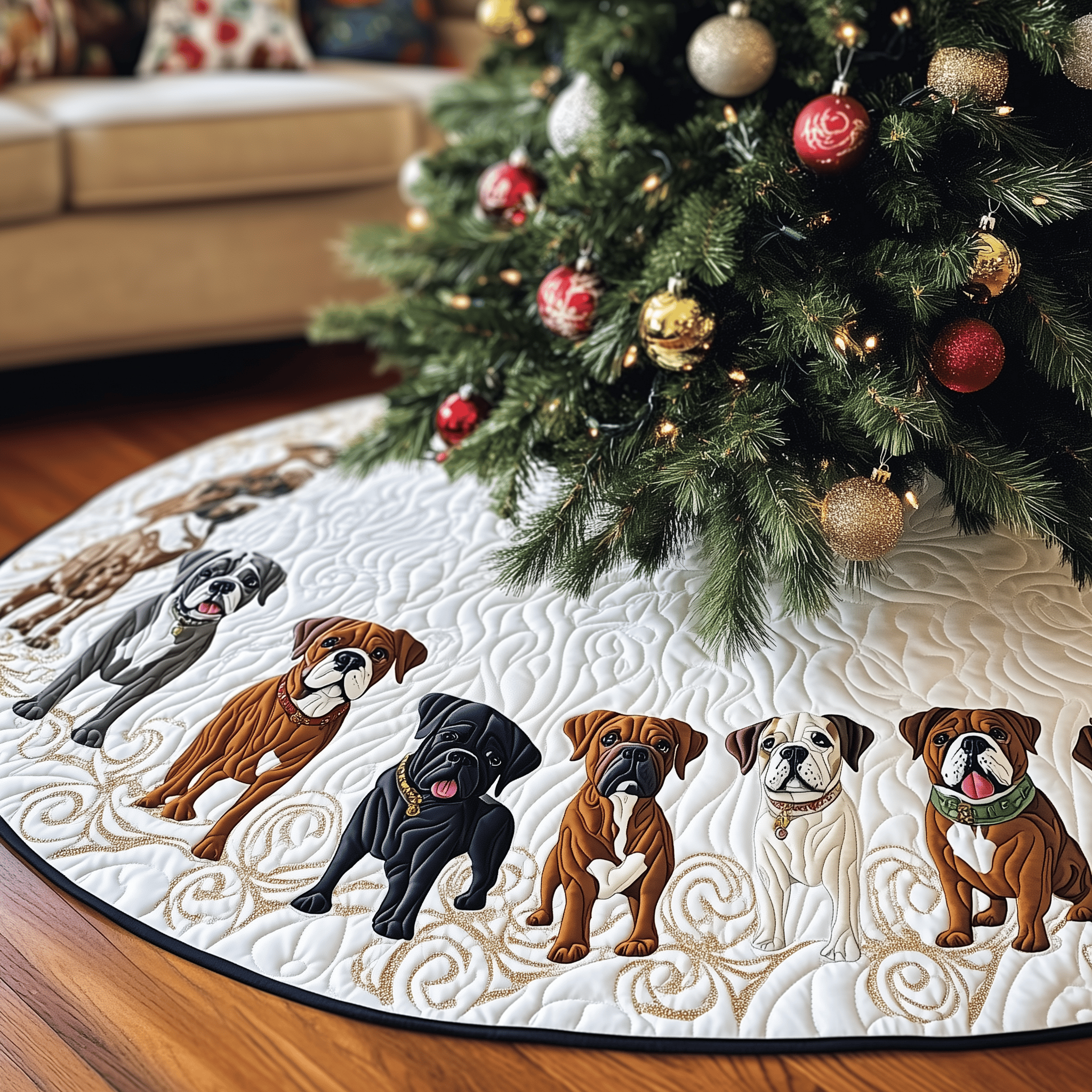 Christmas Boxer Quilted Tree Skirt Xmas Tree Base Cover Christmas Decoration Boxer Dog Themed Gifts