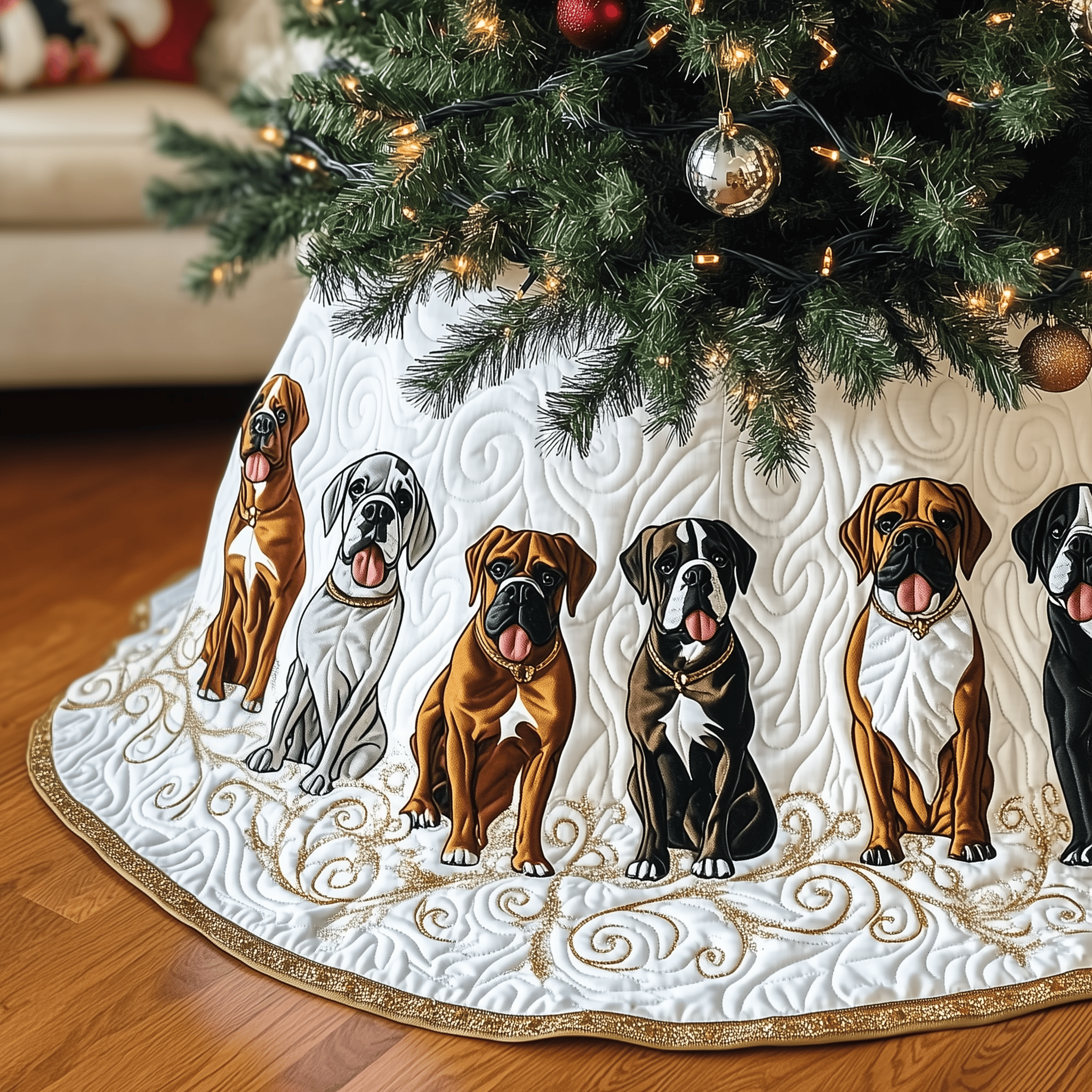 Christmas Boxer Quilted Tree Skirt Xmas Tree Base Cover Christmas Decoration Boxer Dog Themed Gifts