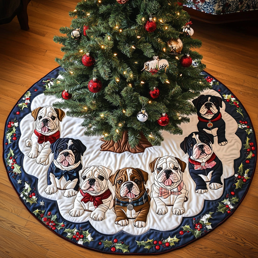 Christmas Bulldog Christmas Quilted Tree Skirt Warm and Soft Christmas Tree Skirt for Winter