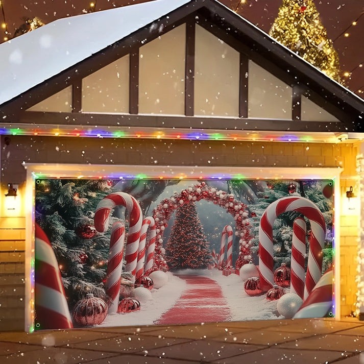 Christmas Candy Cane Archway Garage Door Cover Pine Tree Xmas Festival House Decor Gifts