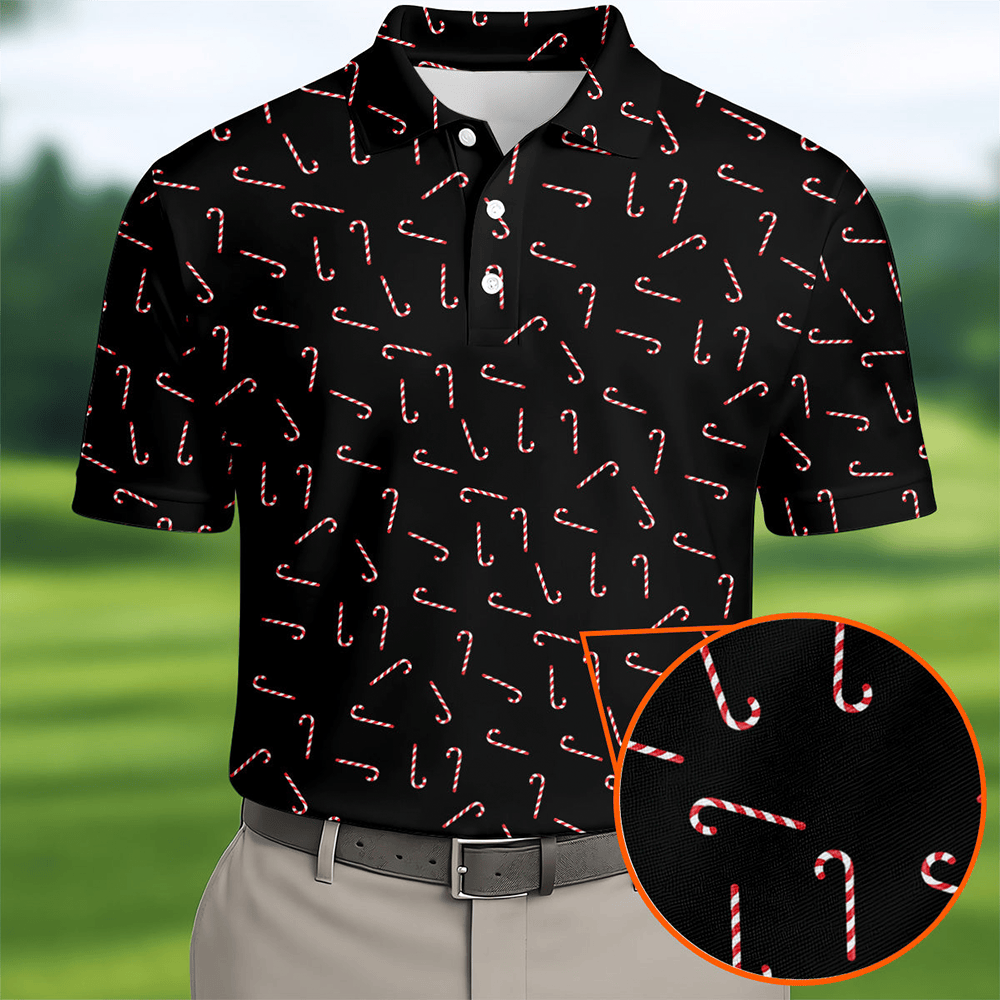 Christmas Candy Cane Golf Tops For Men Christmas Golf Shirt Black Golf Polo Shirt Golf Gift For Men