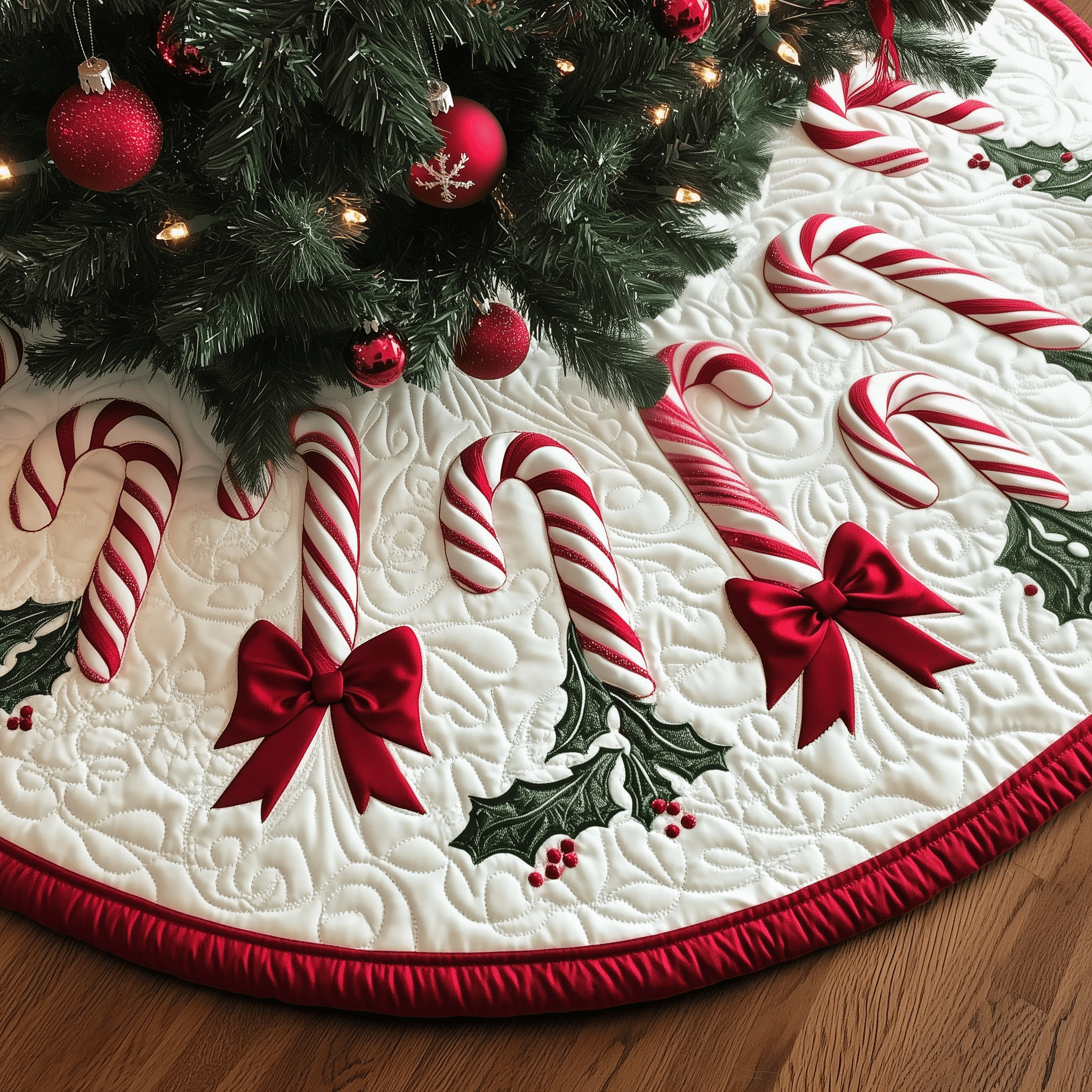 Christmas Candy Canes Quilted Tree Skirt Cute Xmas Holiday Christmas Tree Surround Base Cover Decorations