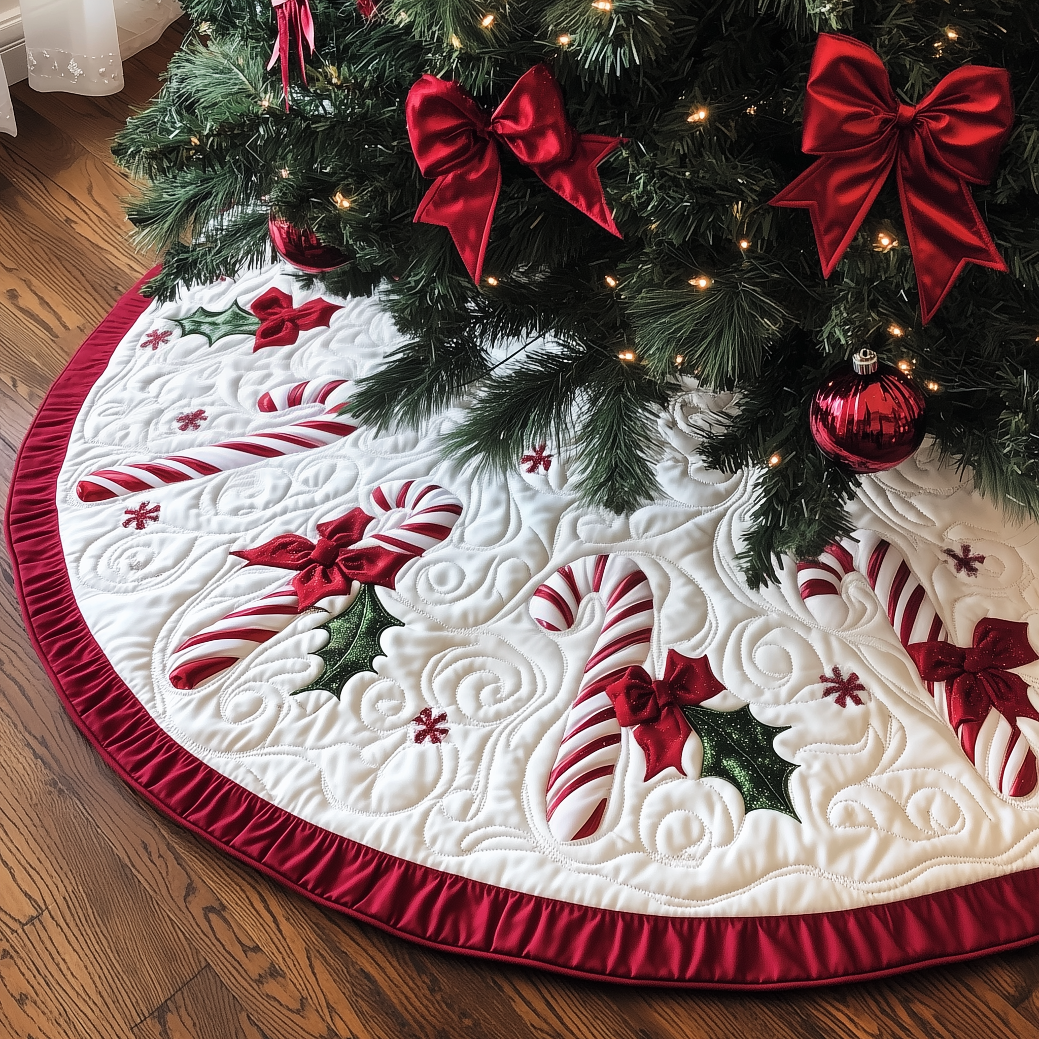 Christmas Candy Canes Quilted Tree Skirt Halloween Merch Gift