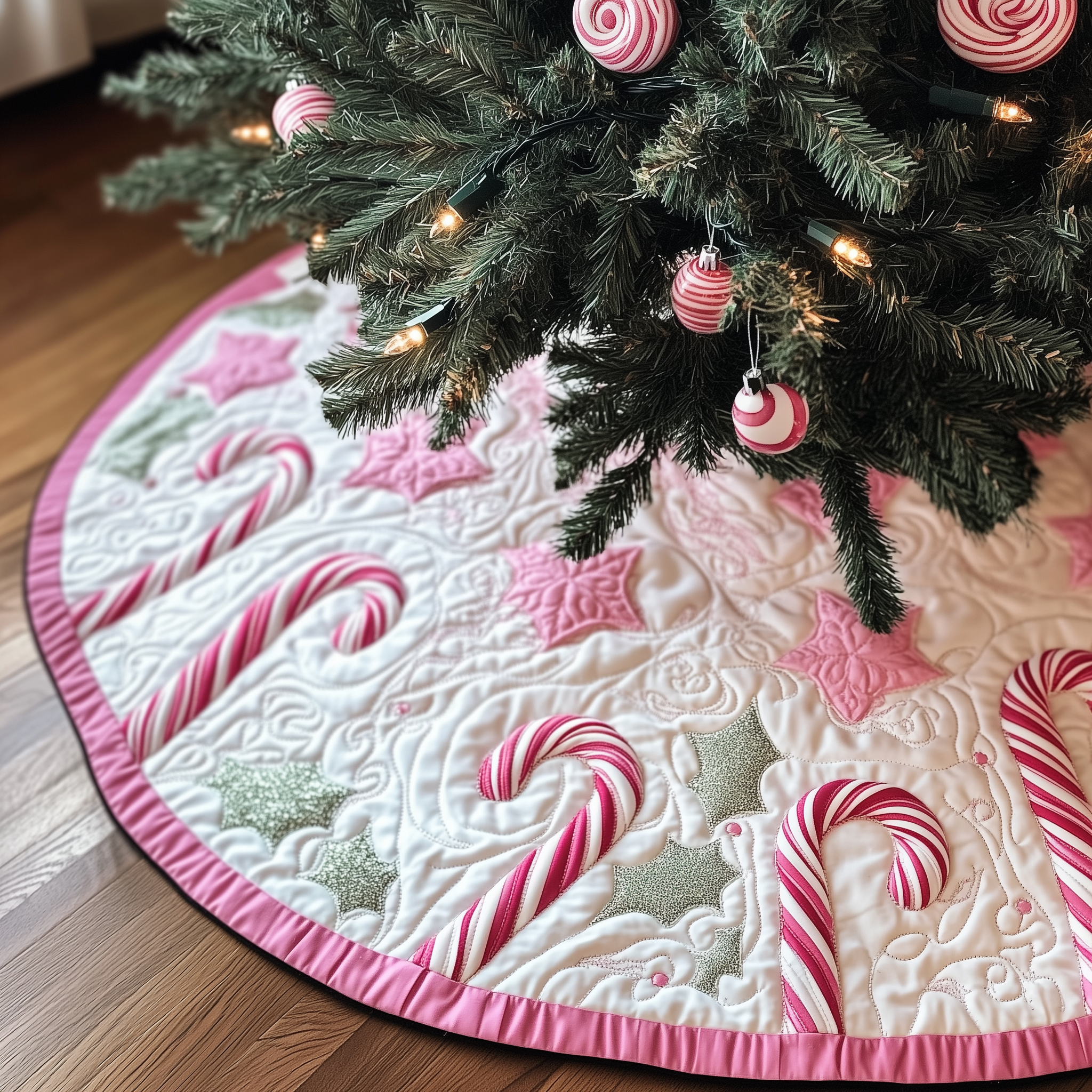 Christmas Candy Canes Quilted Tree Skirt Holiday Christmas Tree Surround Base Cover Decorations
