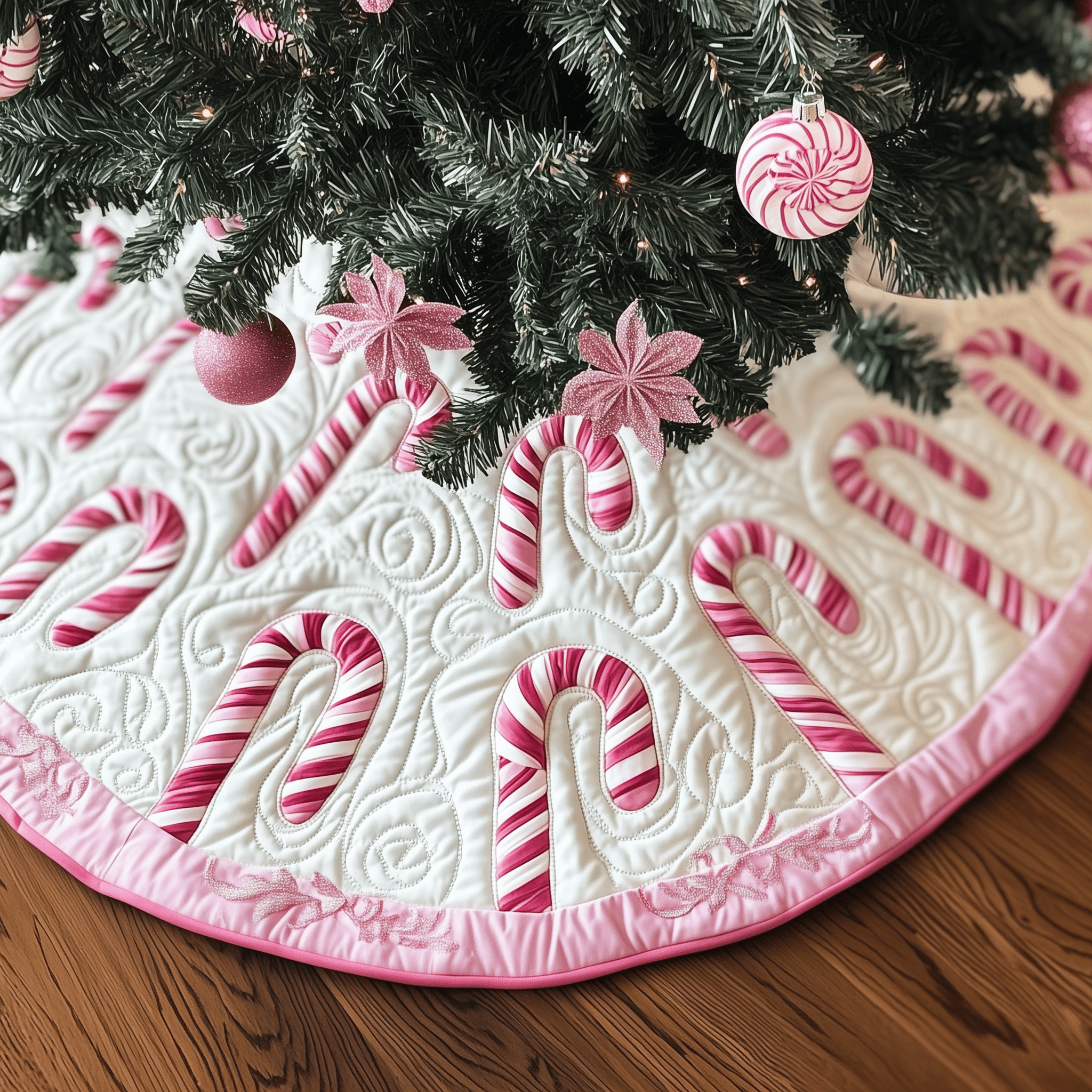 Christmas Candy Canes Quilted Tree Skirt Holiday Christmas Tree Surround Base Cover Decorations