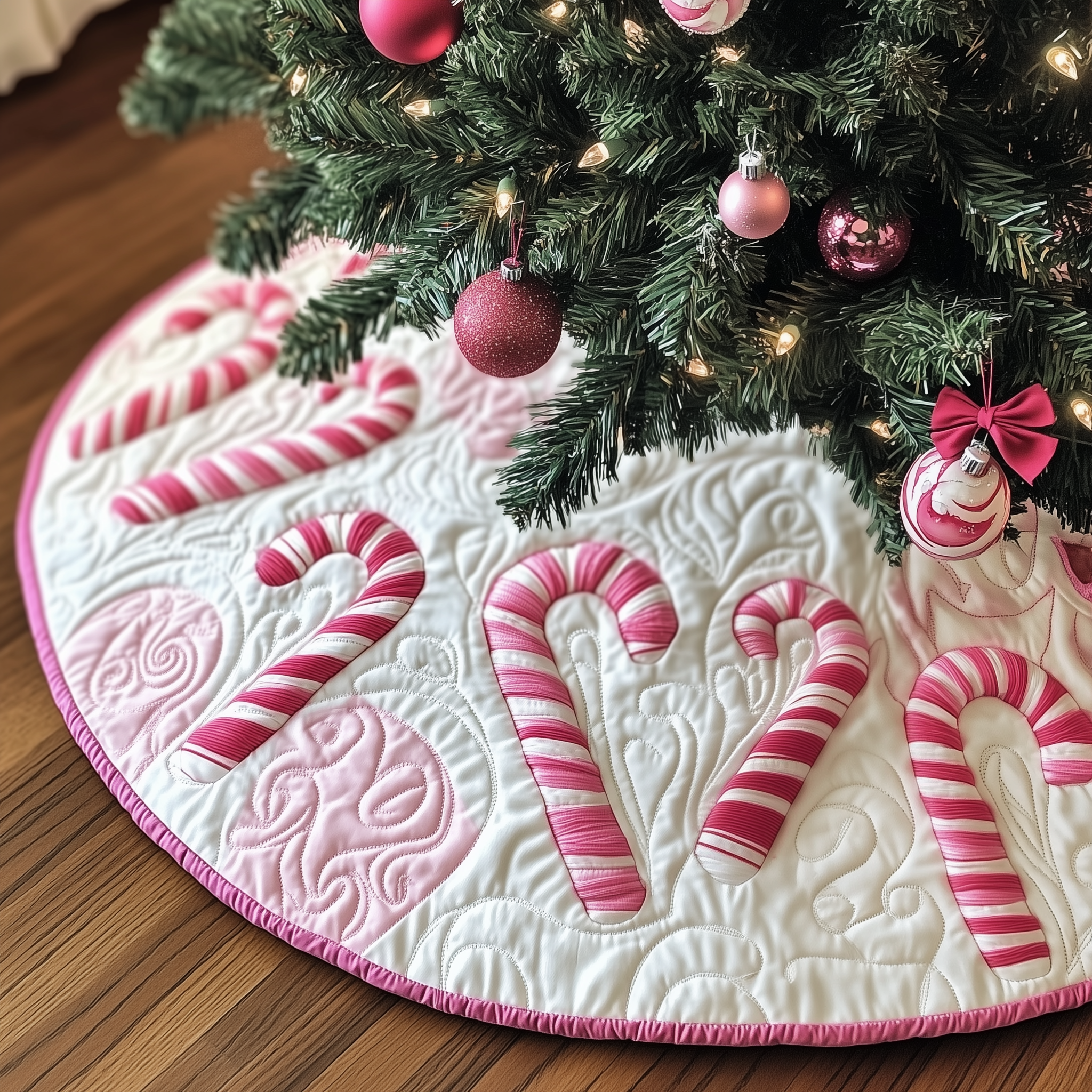Christmas Candy Canes Quilted Tree Skirt Holiday Christmas Tree Surround Base Cover Decorations