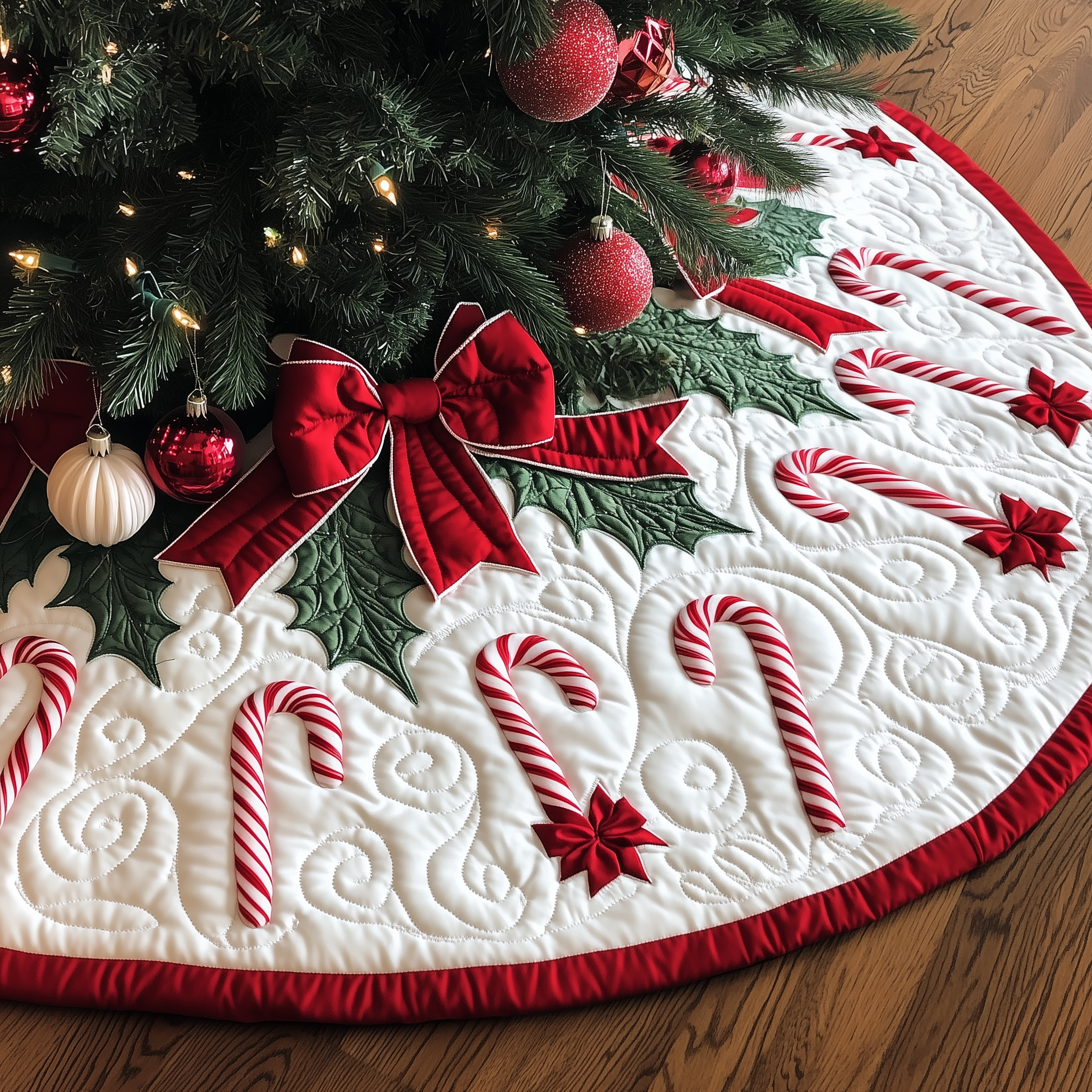 Christmas Candy Canes Quilted Tree Skirt New Year Merch Gift