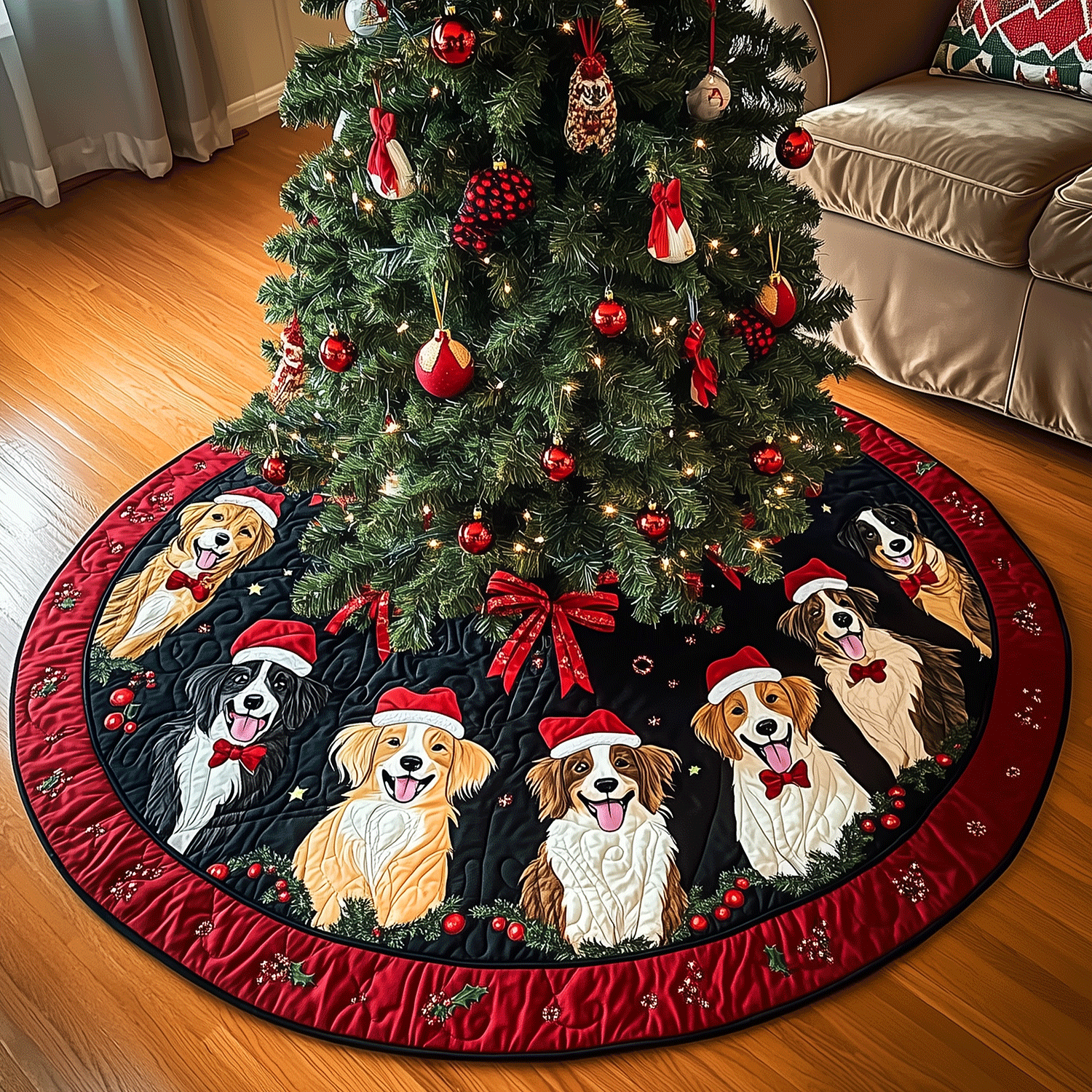 Christmas Canine Celebration Quilted Christmas Tree Skirt Classic Christmas Home Decor Merry And Bright Holiday Decor