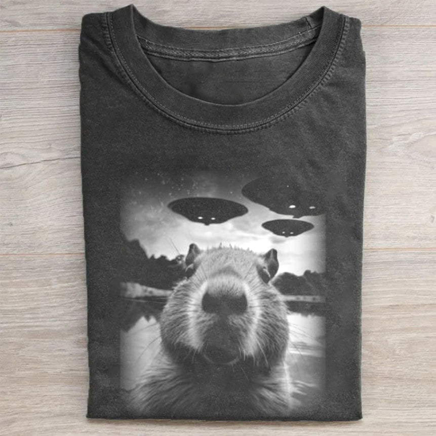 Christmas Capybara Selfie With UFO Art Acid T-Shirt Funny Holiday Merch Best Gift For Christmas Lovers