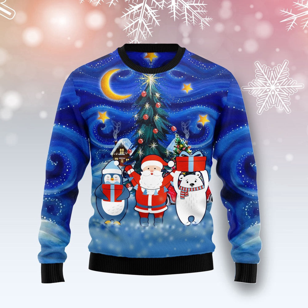 Christmas Card Polar Bear Santa Penguin Unisex Womens Mens Couples Matching Friends Funny Family Ugly Christmas Holiday Sweater Gifts